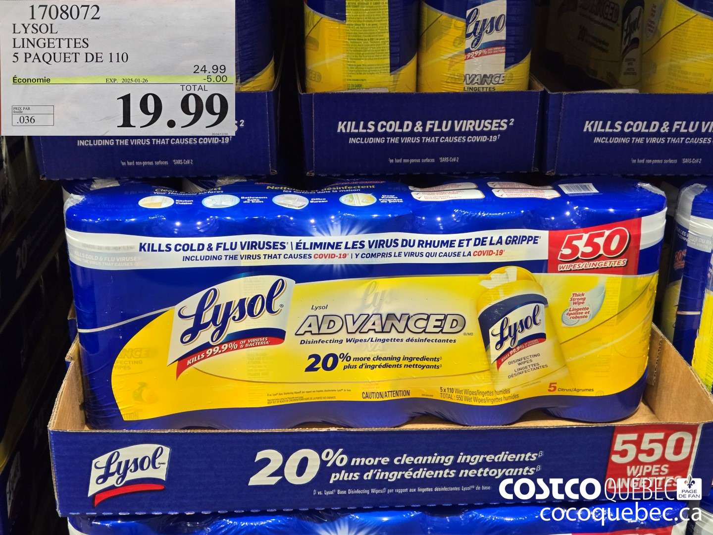 1708072 LYSOL LINGETTES 5 PAQUET DE 110  ($5.00 INSTANT SAVINGS EXPIRES ON 2025-01-26) $19.99