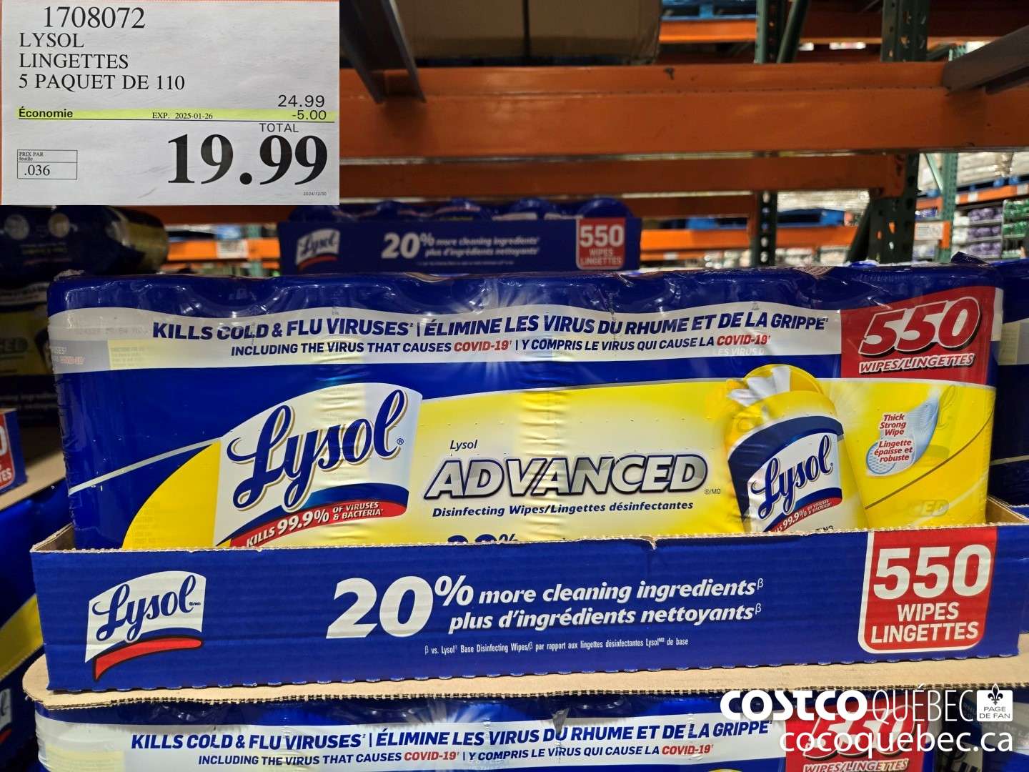 1708072 LYSOL LINGETTES 5 PAQUET DE 110  ($5.00 INSTANT SAVINGS EXPIRES ON 2025-01-26) $19.99