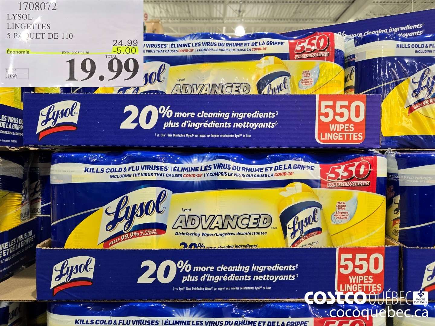 1708072 LYSOL LINGETTES 5 PAQUET DE 110  ($5.00 INSTANT SAVINGS EXPIRES ON 2025-01-26) $19.99