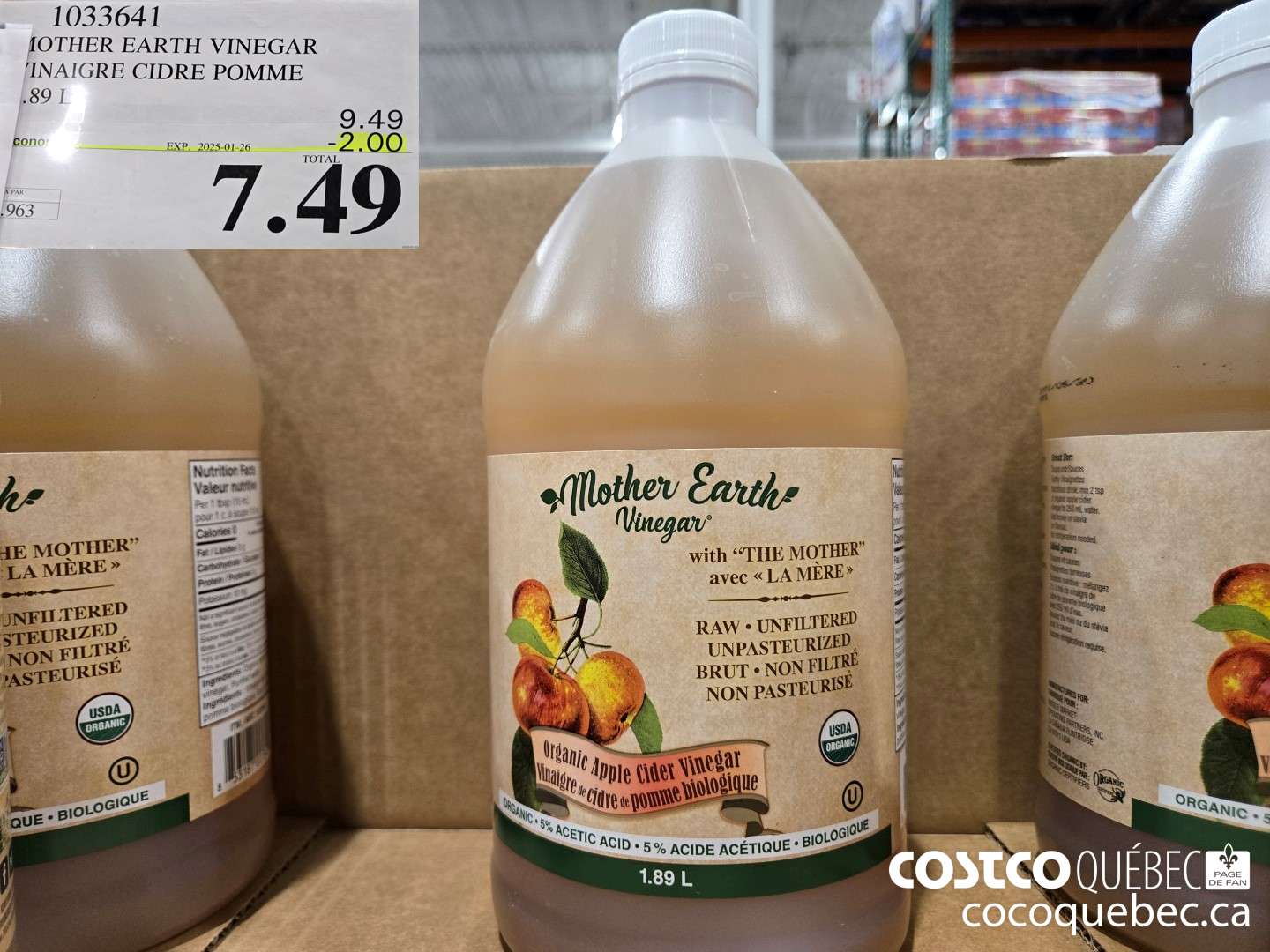 1033641 MOTHER EARTH VINEGAR VINAIGRE CIDRE POMME  ($2.00 INSTANT SAVINGS EXPIRES ON 2025-01-26) $7.49