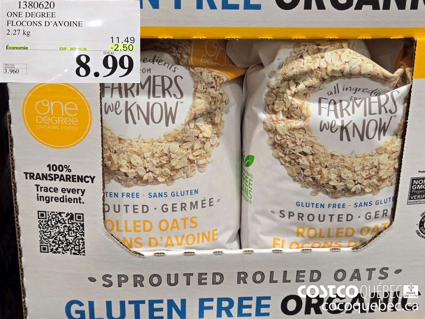 1380620 ONE DEGREE FLOCONS D'AVOINE 2.27 KG ($2.50 INSTANT SAVINGS EXPIRES ON 2025-01-26) $8.99