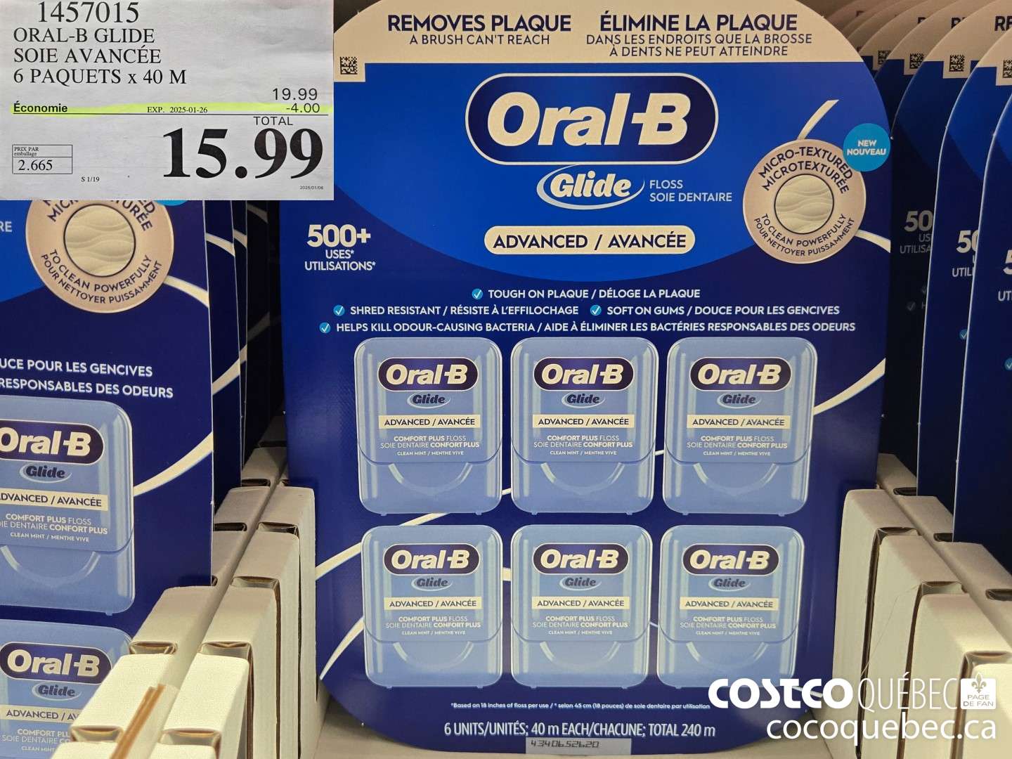 1457015 ORAL-B GLIDE SOIE AVANCEE 6 PAQUETS x 40 M ($4.00 INSTANT SAVINGS EXPIRES ON 2025-01-26) $15.99