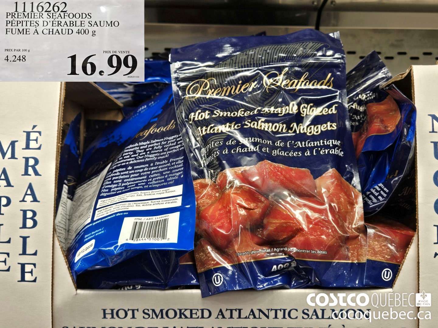 1116262 PREMIER SEAFOODS PEPITES D'ERABLE SAUMO FUME A CHAUD 400 ¢ PRIX PAR 100 g  $16.99