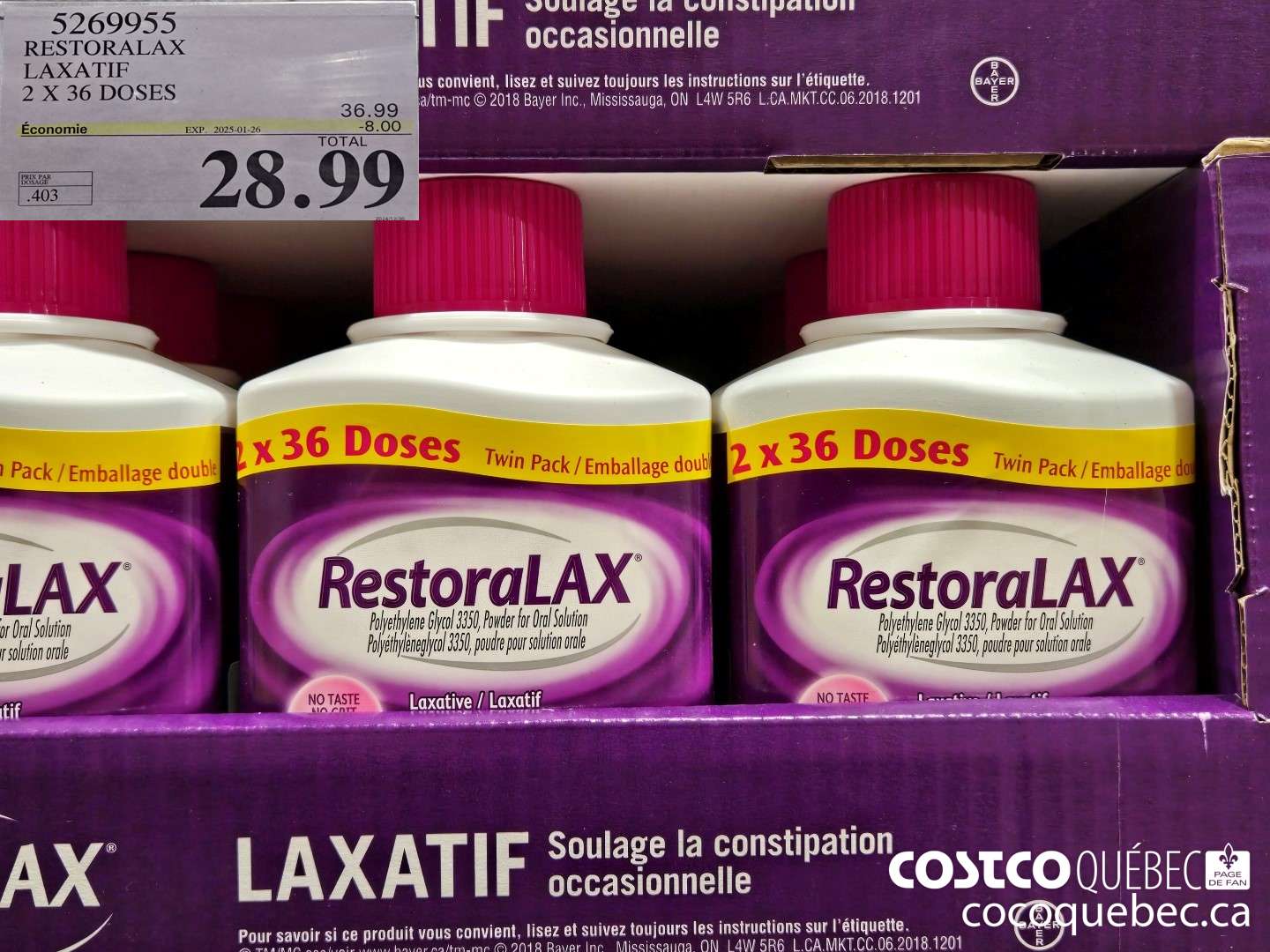 5269955 RESTORALAX LAXATIF 2 X 36 DOSES  ($8.00 INSTANT SAVINGS EXPIRES ON 2025-01-26) $28.99