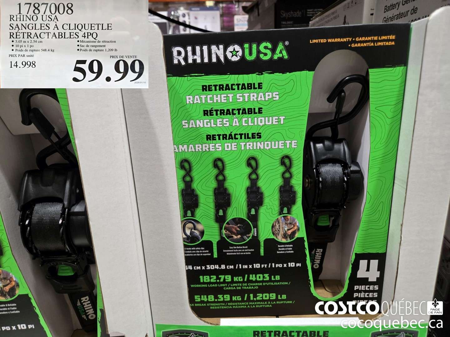 1787008 RHINO USA SANGLES A CLIQUETLE RETRACTABLES 4PQ  $59.99