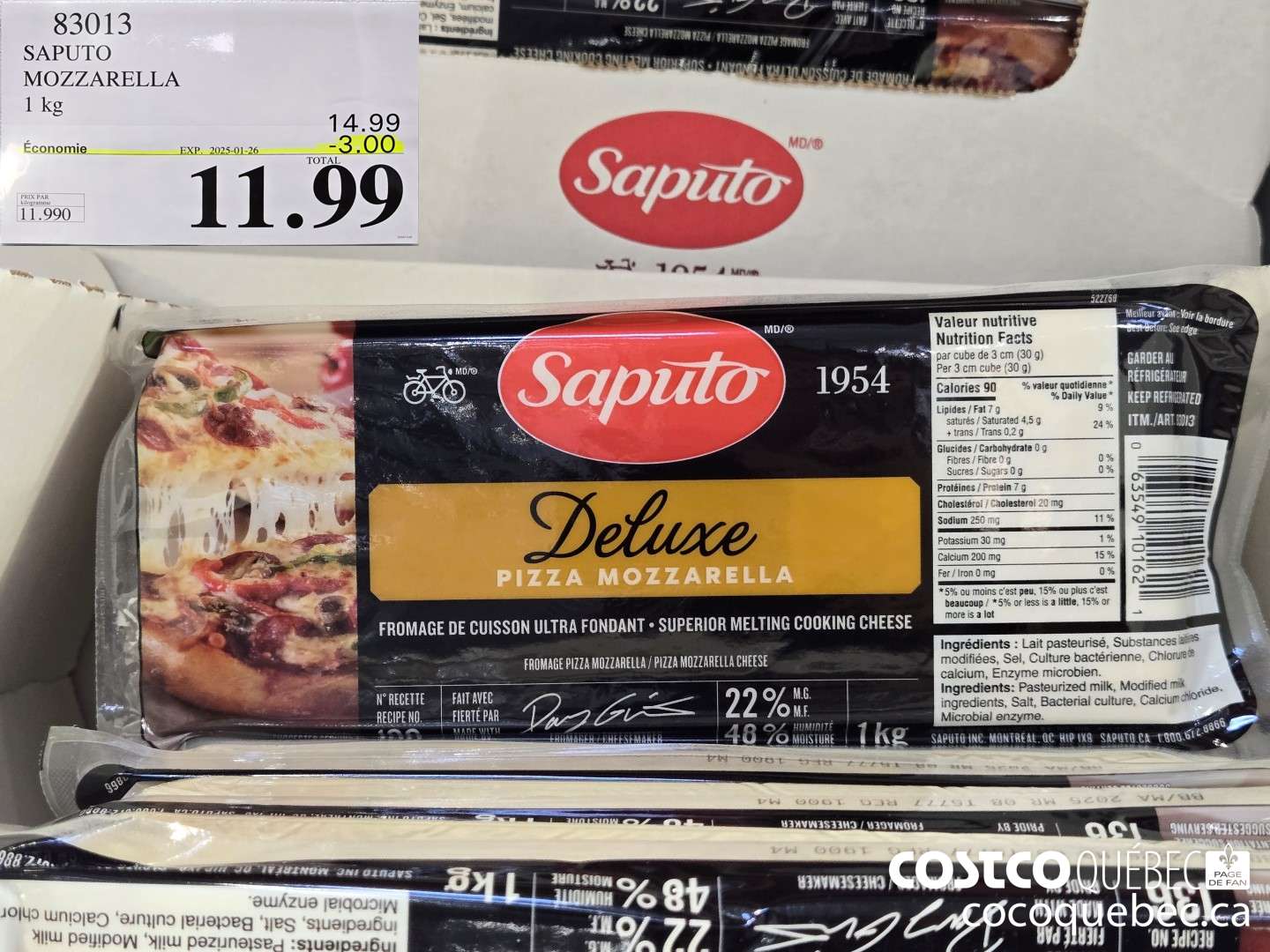 83013 SAPUTO MOZZARELLA 22% M.G. I kg 2025-01-26 ($3.00 INSTANT SAVINGS) $11.99