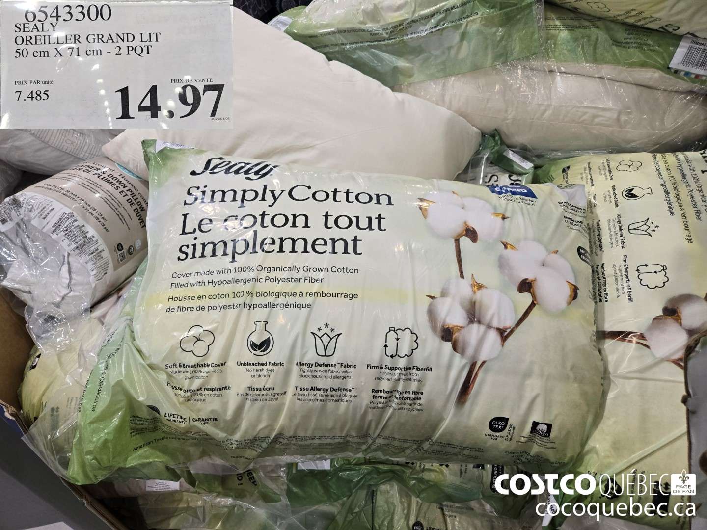 6543300 SEALY OREILLER GRAND LIT 50cm X 71 Cm -2 PQT  $14.97