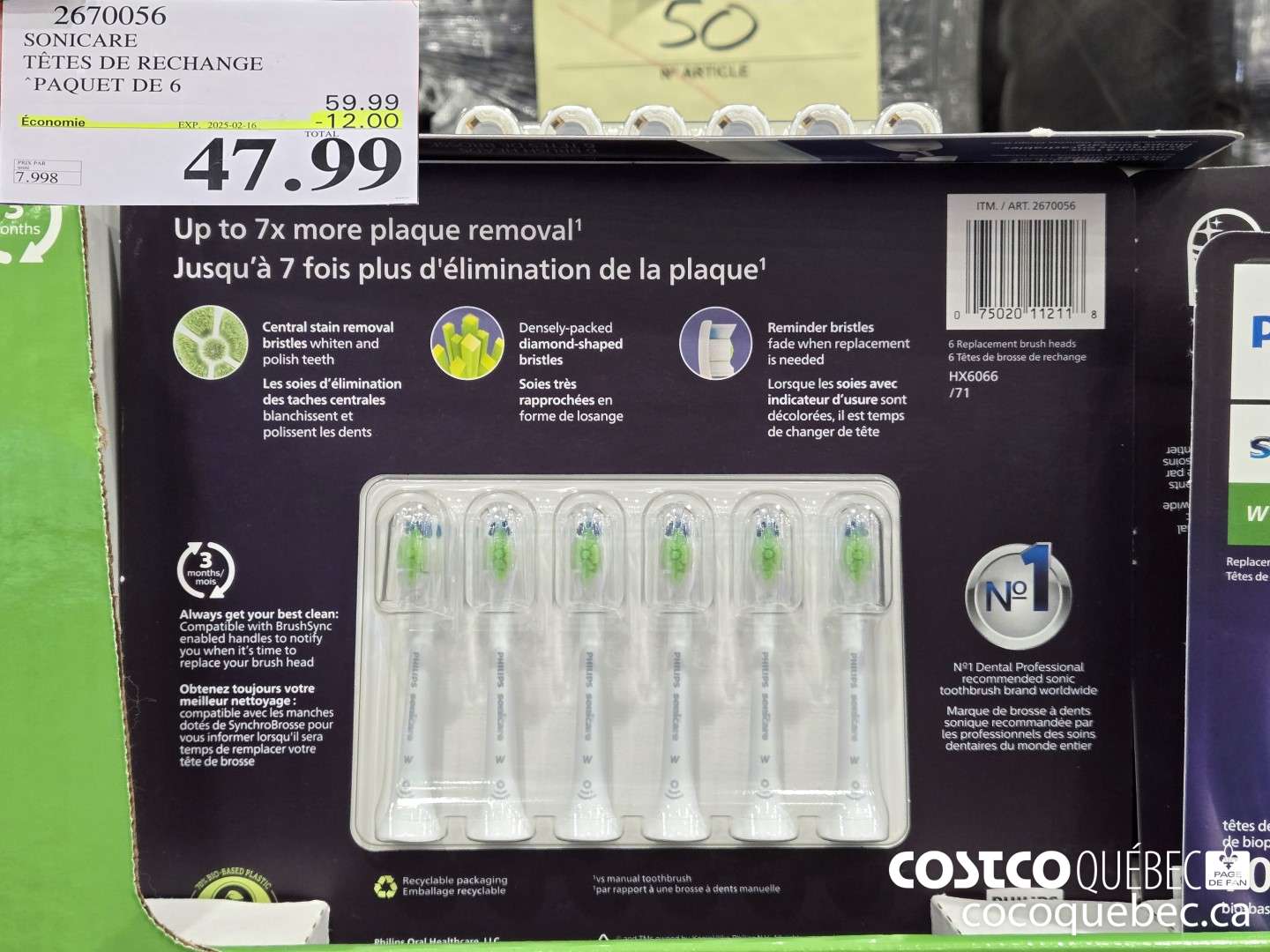 2670056 SONICARE TETES DE RECHANGE “PAQUET DE 6 024-11-24  ($12.00 INSTANT SAVINGS EXPIRES ON 2025-02-16) $47.99