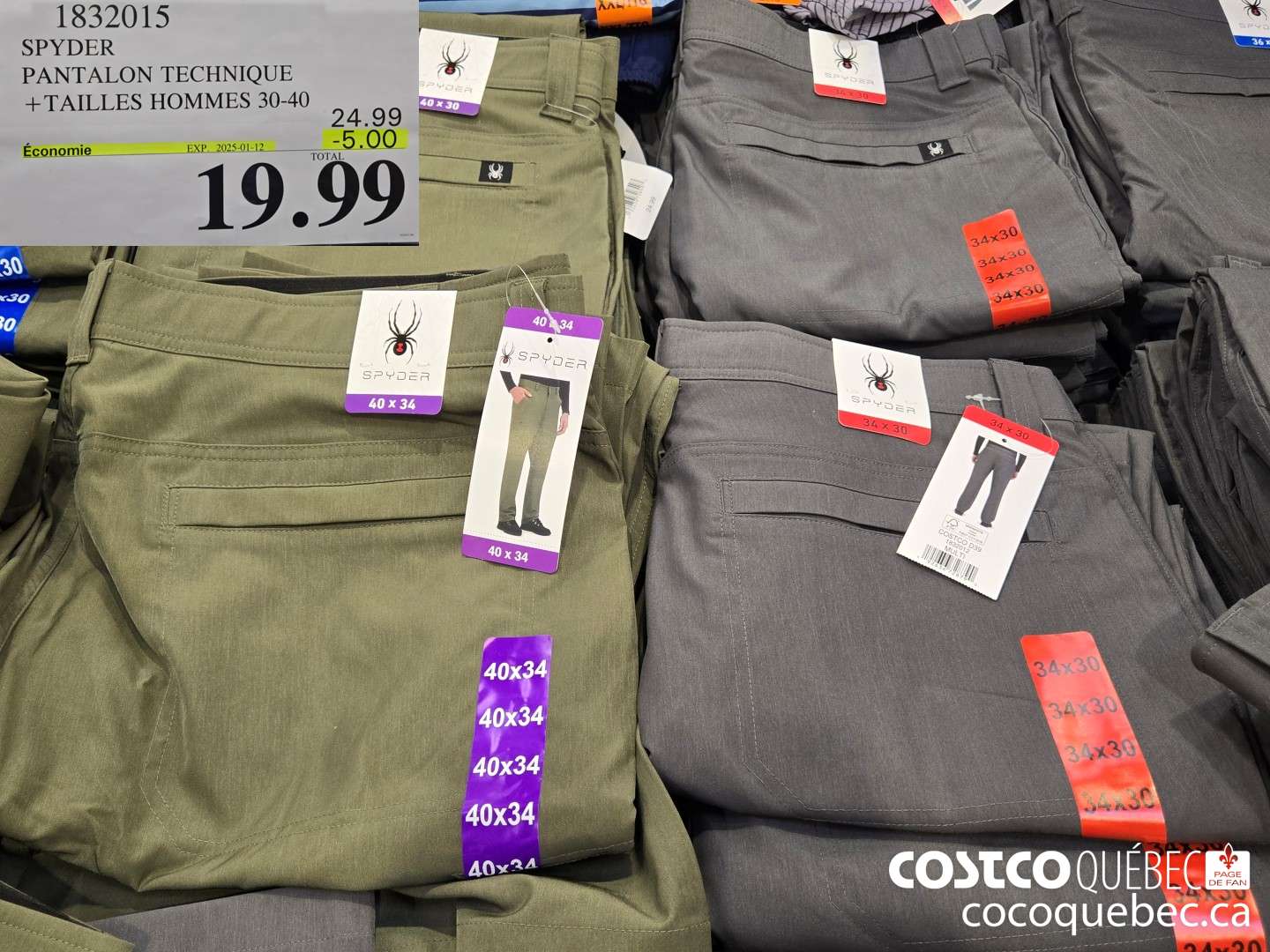 1832015 SPYDER PANTALON TECHNIQUE +TAILLES HOMMES 30-40  ($5.00 INSTANT SAVINGS EXPIRES ON 2025-01-12) $19.99