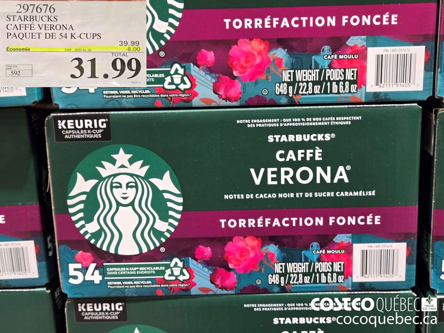 297676 STARBUCKS CAFFE VERONA PAQUET DE 54 K-CUPS ($8.00 INSTANT SAVINGS EXPIRES ON 2025-01-26) $31.99