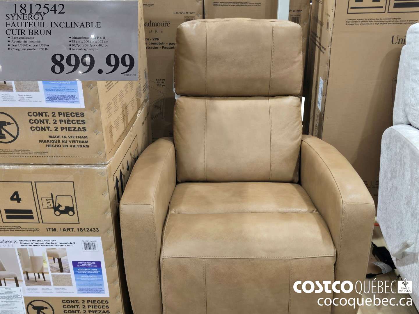 1812542 SYNERGY FAUTEUIL INCLINABLE CUIR BRUN  $899.99