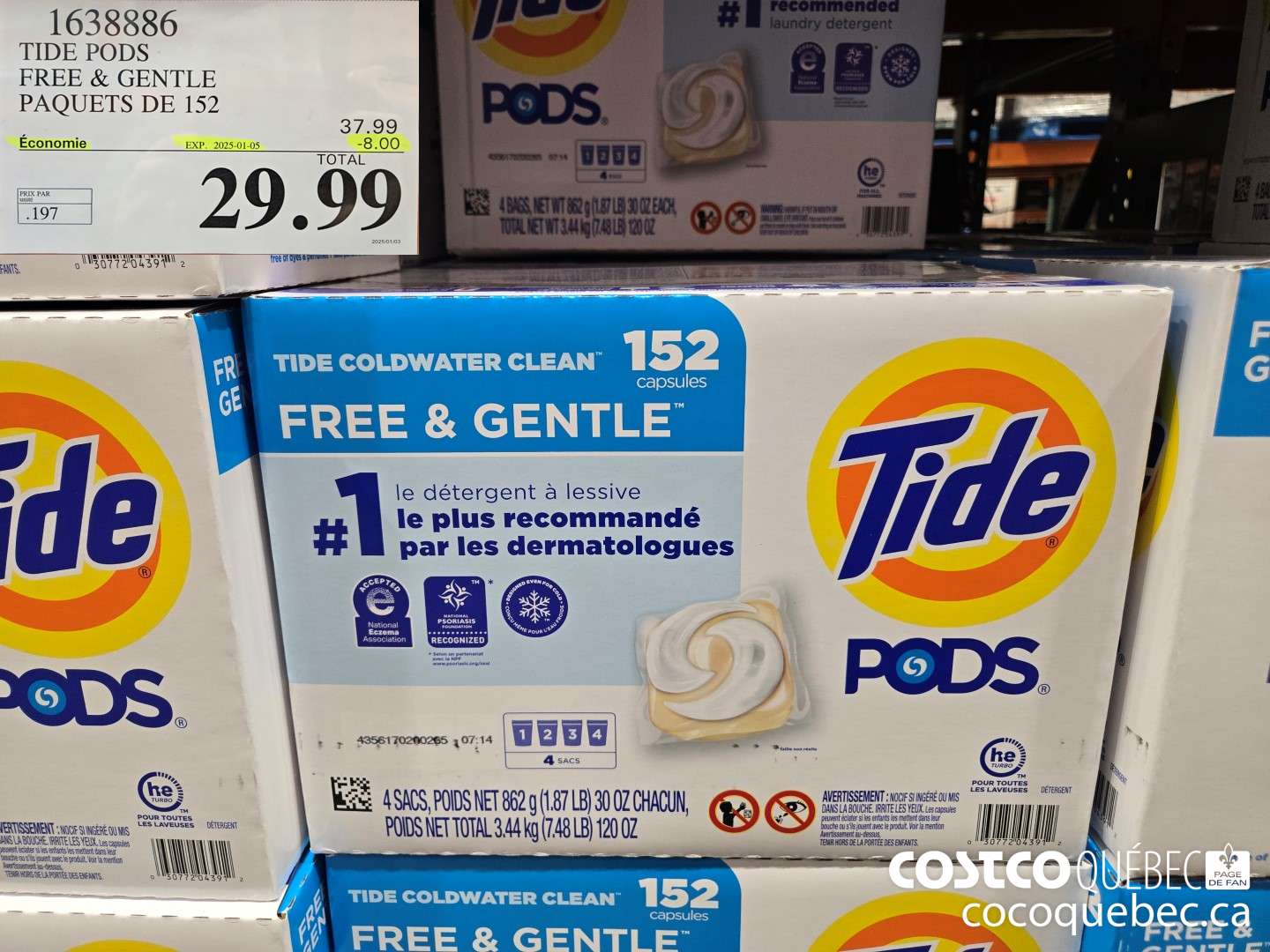 1638886 TIDE PODS FREE & GENTLE PAQUETS DE 152  ($8.00 INSTANT SAVINGS EXPIRES ON 2025-01-05) $29.99