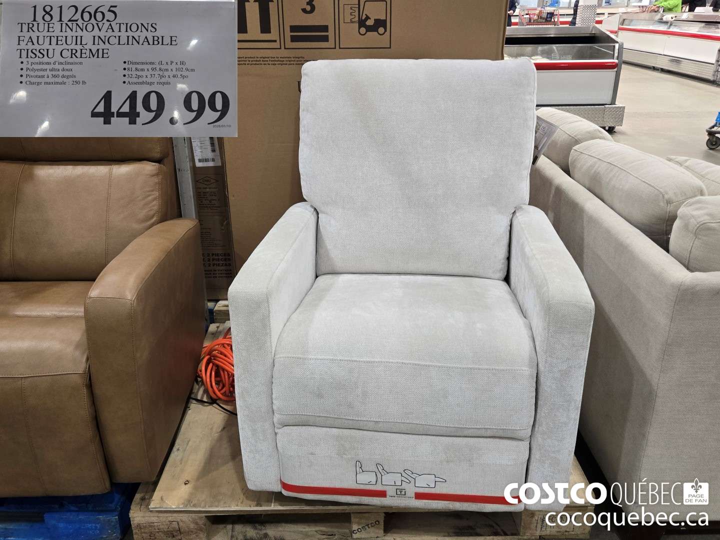1812665 TRUE INNOVATIONS FAUTEUIL INCLINABLE TISSU CREME  $449.99
