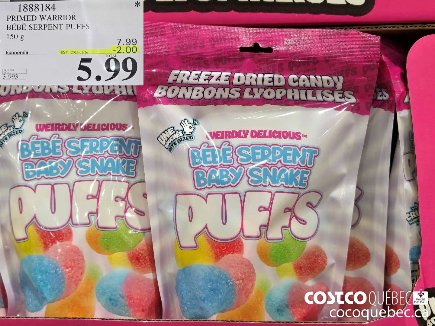 1888184 WEIRDLY DELICIOUS BEBE SERPENT PUFFS 150 g 2025-01-19 ($2.00 INSTANT SAVINGS) $5.99