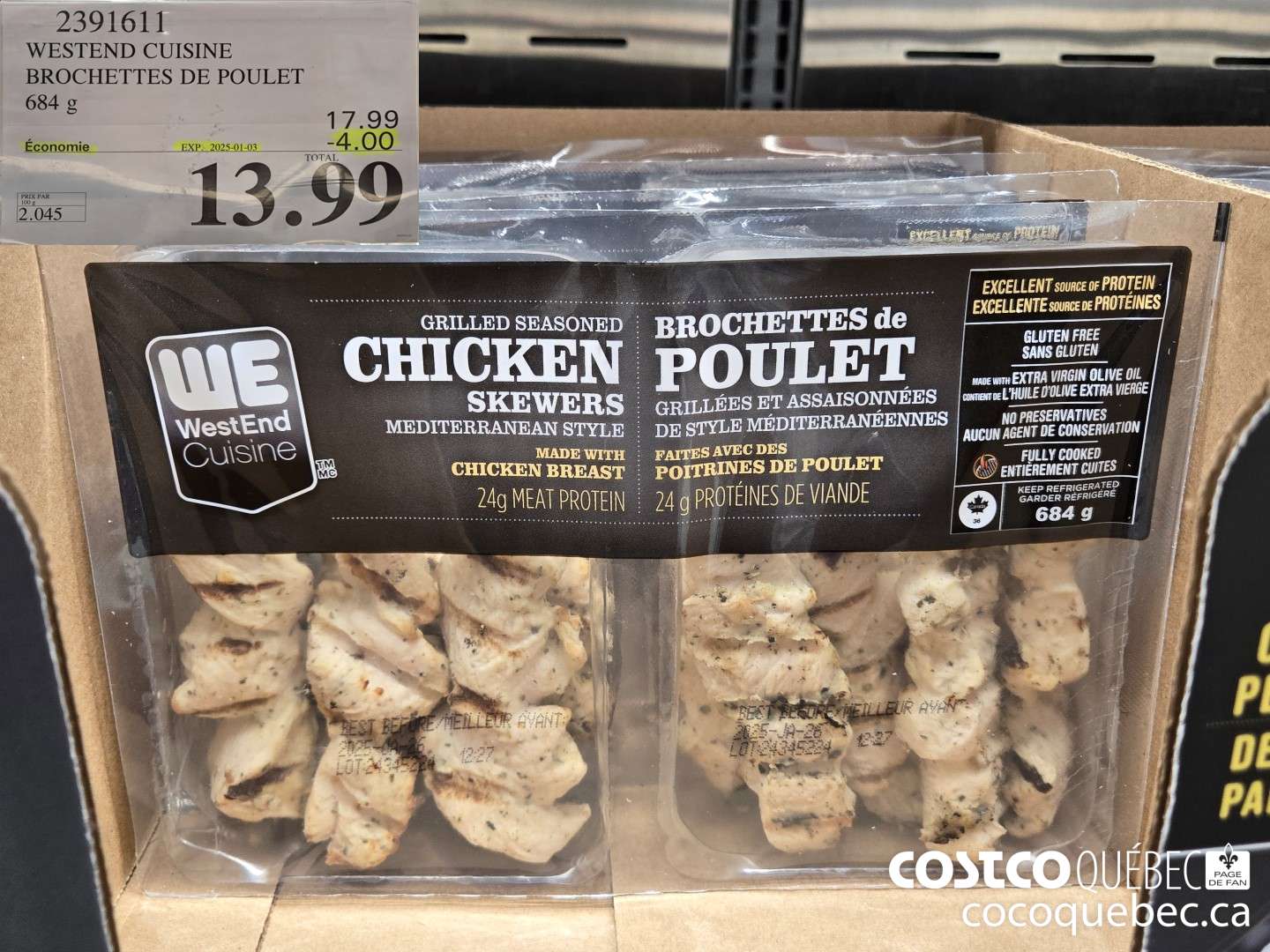 2391611 WESTEND CUISINE BROCHETTES DE POULET 684 g  ($4.00 INSTANT SAVINGS EXPIRES ON 2025-01-03)