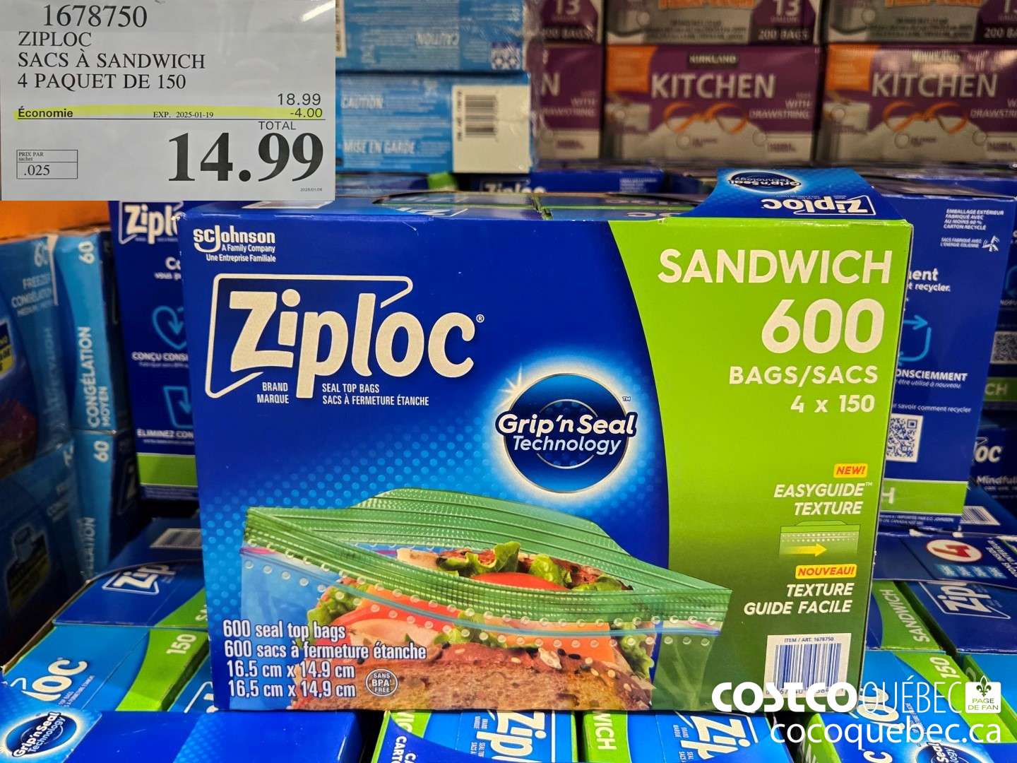 1678750 ZIPLOC SACS A SANDWICH 4 PAQUET DE 150  ($4.00 INSTANT SAVINGS EXPIRES ON 2025-01-19) $14.99