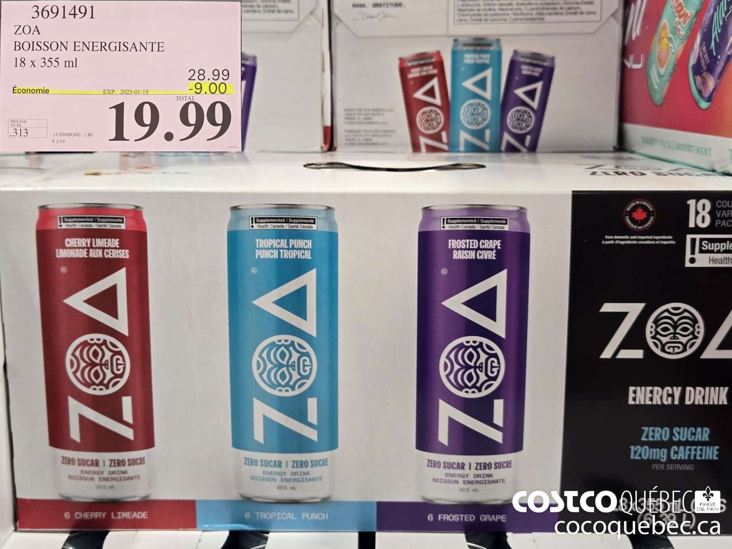 3691491 ZOA BOISSON ENERGISANTE 18 x 355 ml  ($9.00 INSTANT SAVINGS EXPIRES ON 2025-01-19) $19.99