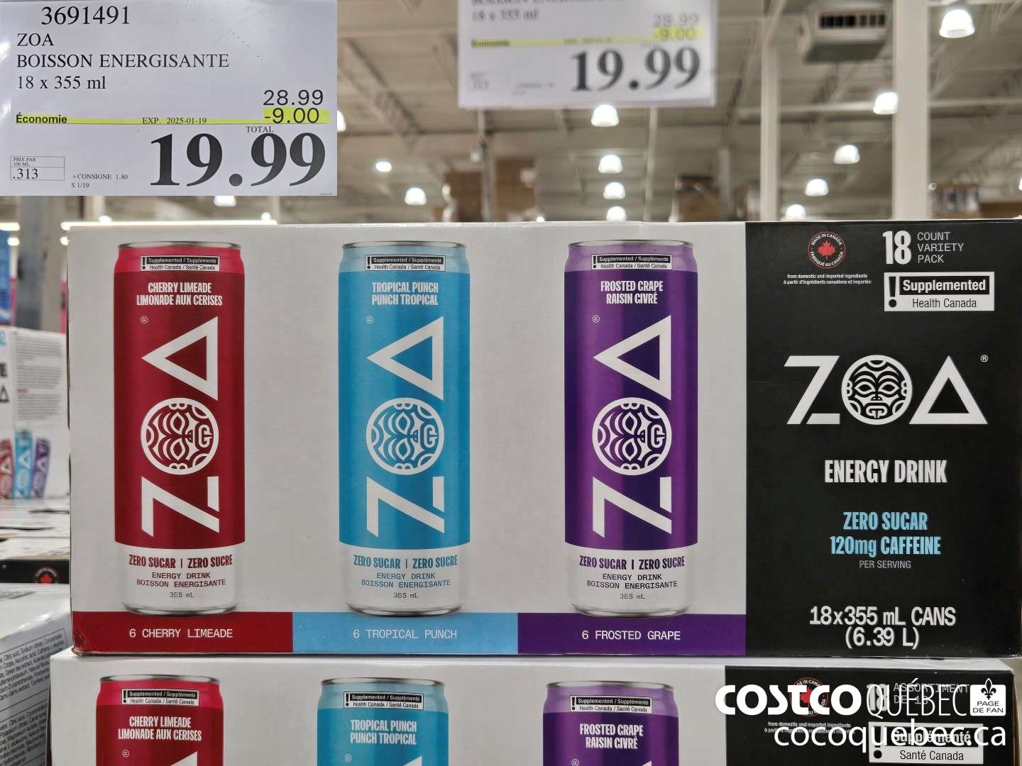 3691491 ZOA BOISSON ENERGISANTE 18 x 355 ml  ($9.00 INSTANT SAVINGS EXPIRES ON 2025-01-19) $19.99