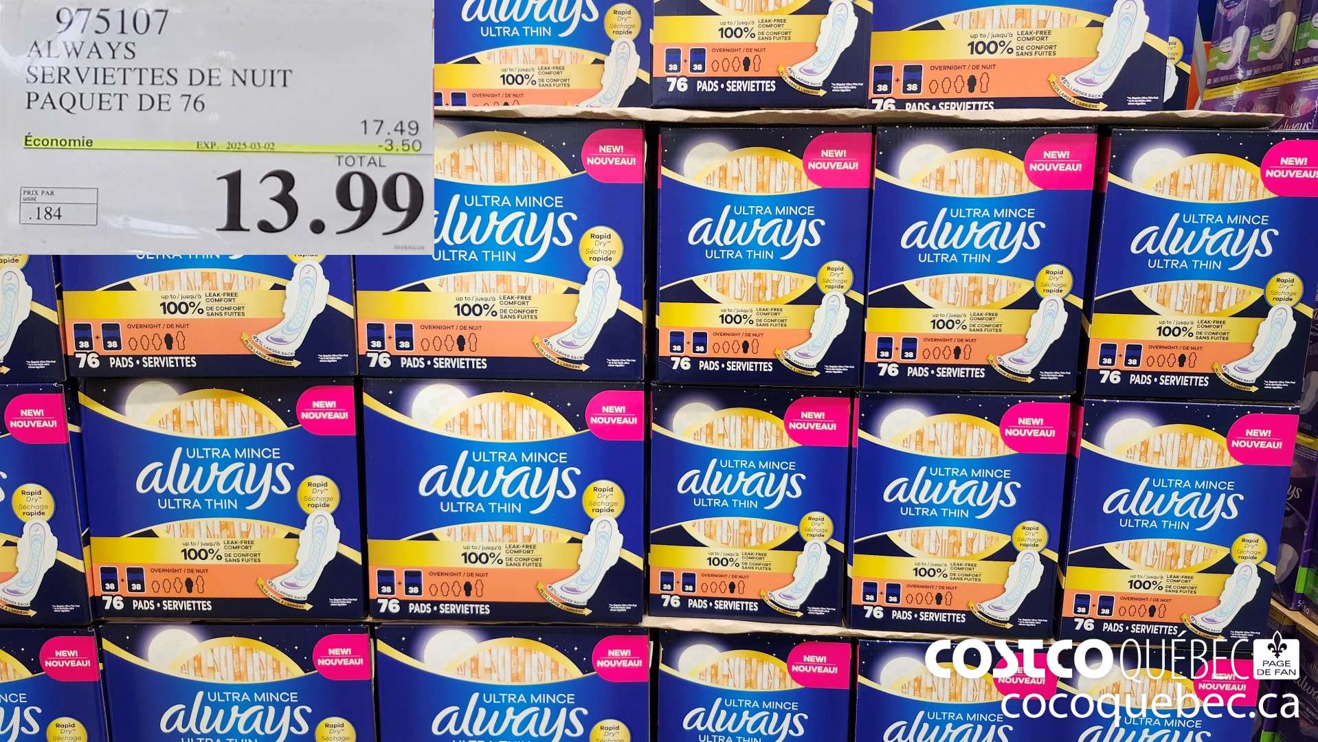 975107 ALWAYS ULTRA THIN SERVIETTE POUR LA NUIT ($3.50 INSTANT SAVINGS EXPIRES ON 2025-03-02) $13.99