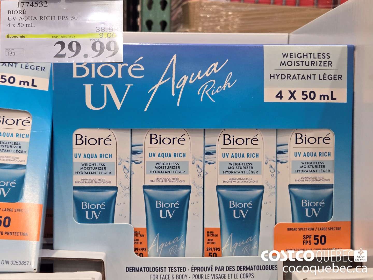 1774532 BIORE UV AQUA RICH FPS 50 4x 50 mL  ($9.00 INSTANT SAVINGS EXPIRES ON 2025-02-23) $29.99