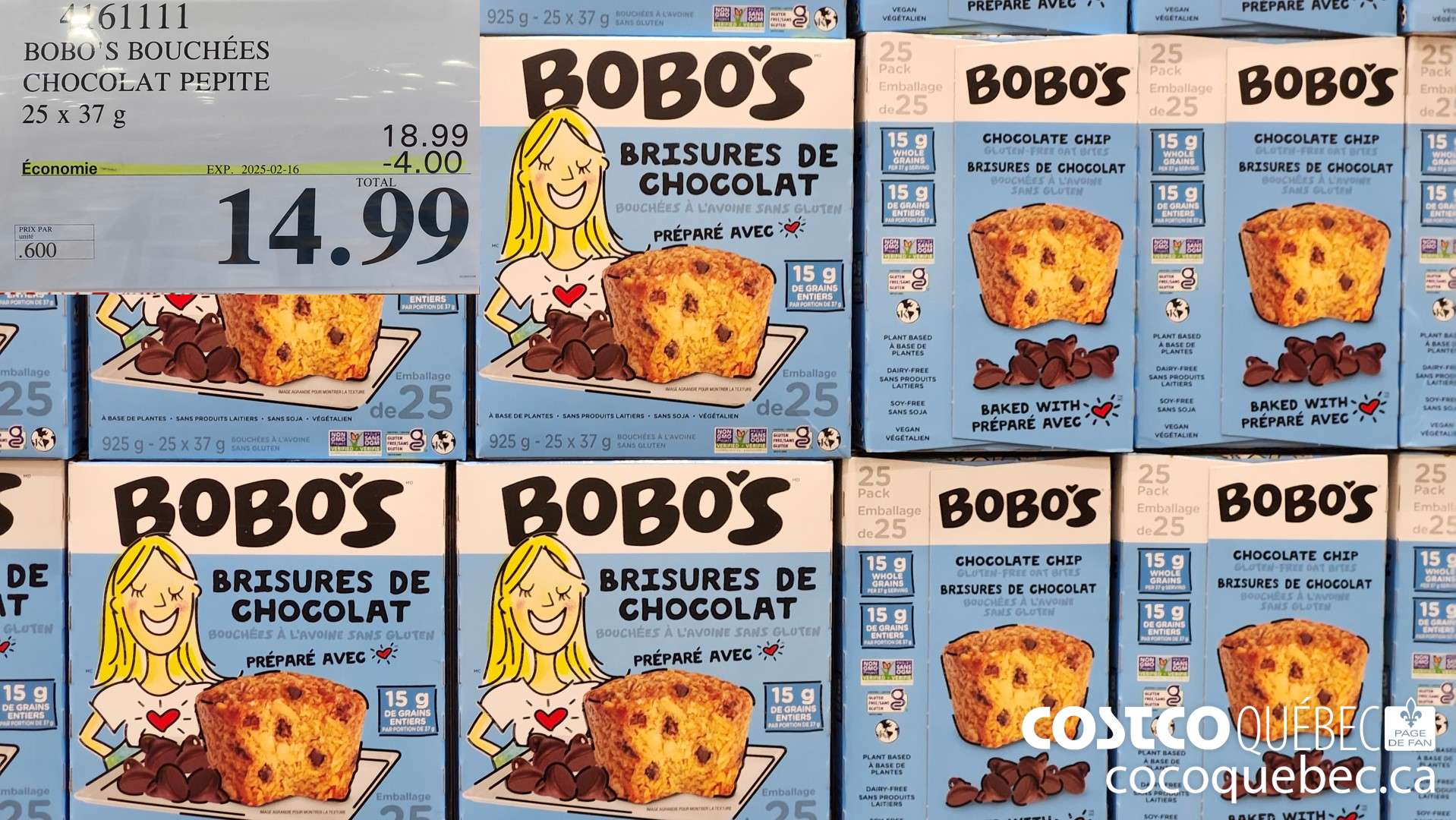 4161111 BOBO'S BOUCHEES CHOCOLAT PEPITE 25X37G  ($4.00 INSTANT SAVINGS EXPIRES ON 2025-02-16) $14.99