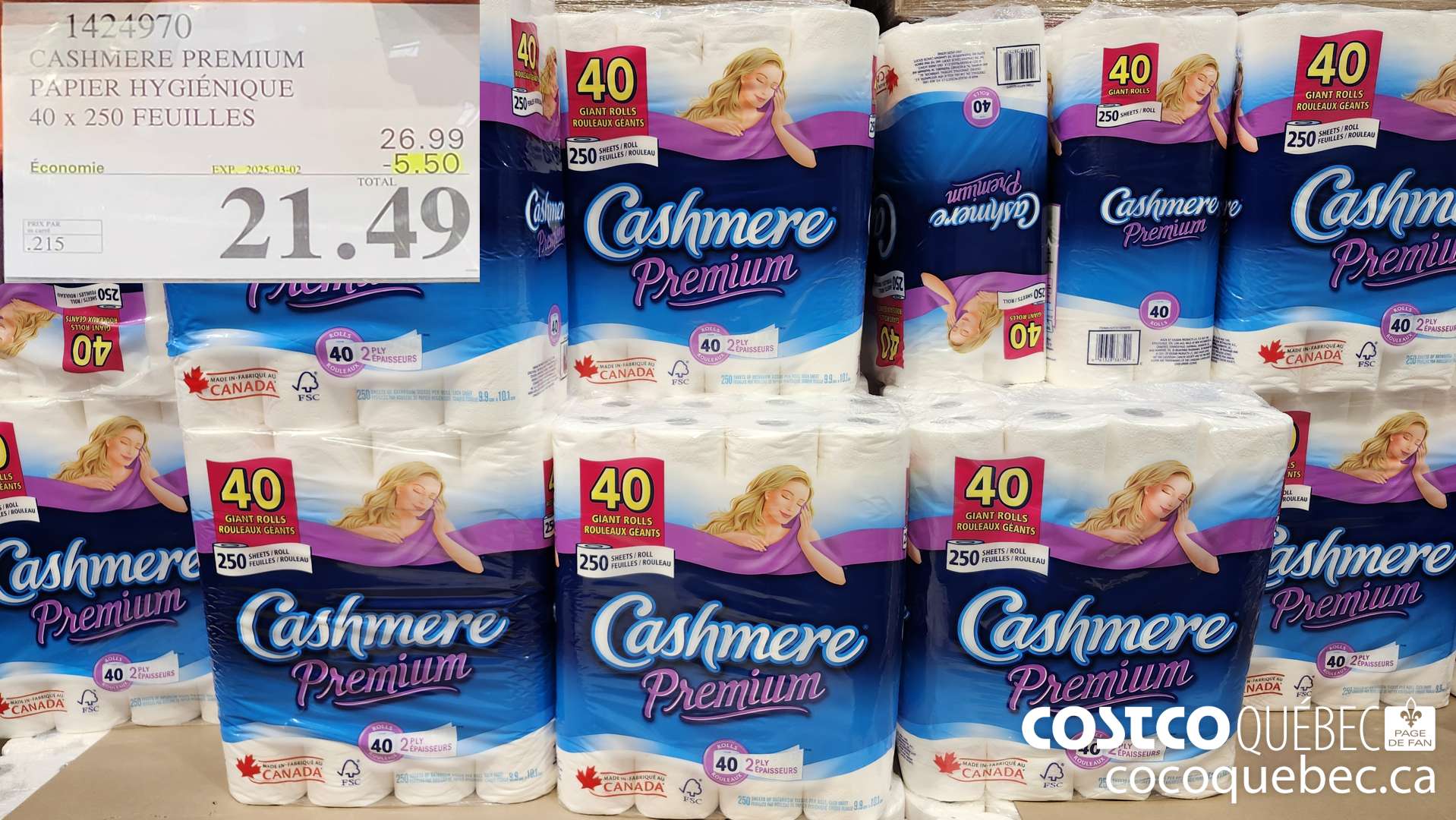 1424970 CASHMERE PREMIUM PAPIER HYGIENIQUE 40 x 250 FEUILLES  ($5.50 INSTANT SAVINGS EXPIRES ON 2025-03-02) $21.49