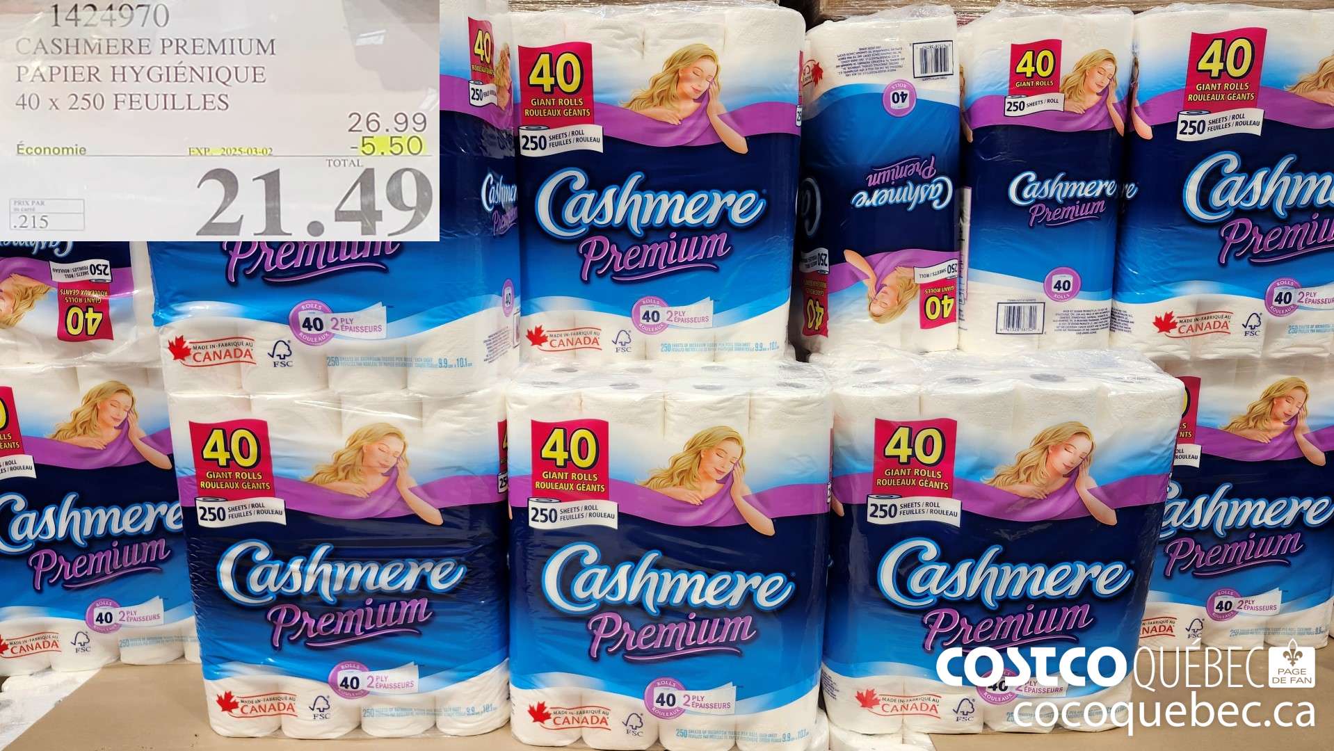 1424970 CASHMERE PREMIUM PAPIER HYGIENIQUE 40 x 250 FEUILLES  ($5.50 INSTANT SAVINGS EXPIRES ON 2025-03-02) $21.49