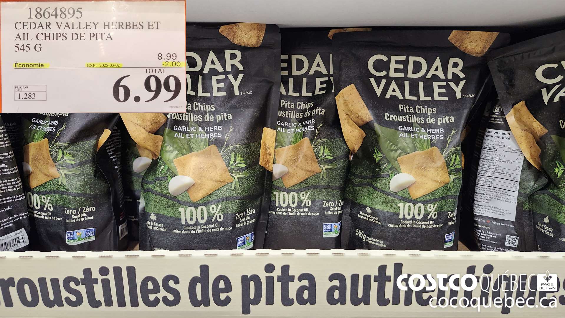 1864895 CEDAR VALLEY HERBES ET AIL CHIPS DE PITA 545 G  ($2.00 INSTANT SAVINGS EXPIRES ON 2025-03-02) $6.99