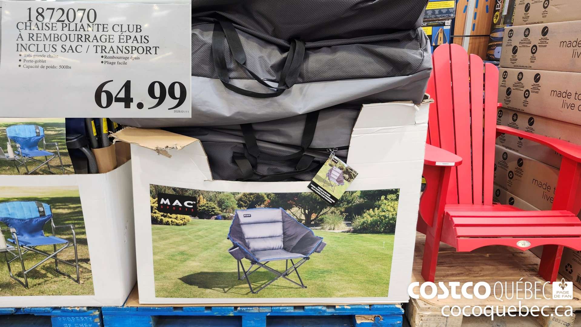 187207 CHAISE PLIANTE CLUB A REMBOURRAGE EPAIS INCLUS SAC | TRANSPORT  $64.99