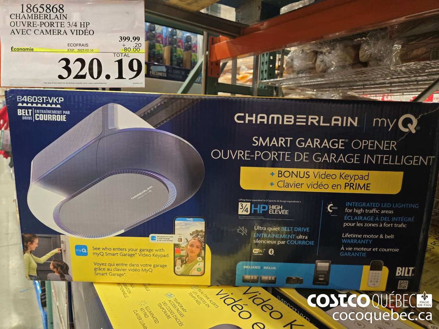 1865868 CHAMBERLAIN OUVRE-PORTE 3/4 HP AVEC CAMERA VIDEO  ($80.00 INSTANT SAVINGS EXPIRES ON 2025-02-16) $320.19