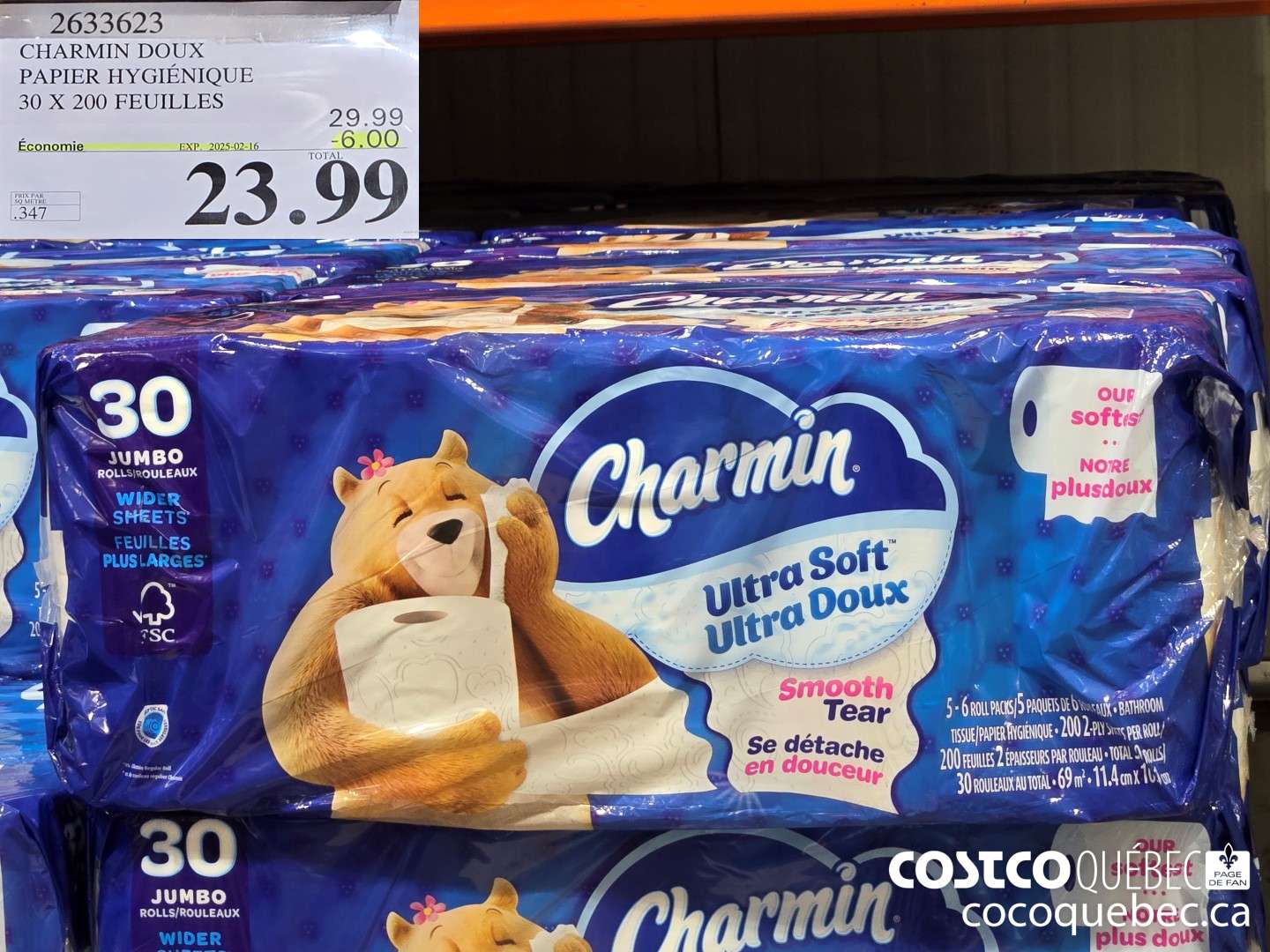 2633623 CHARMIN DOUX PAPIER HYGIENIQUE 30 X 200 FEUILLES ($6.00 INSTANT SAVINGS EXPIRES ON 2025-02-16) $23.99