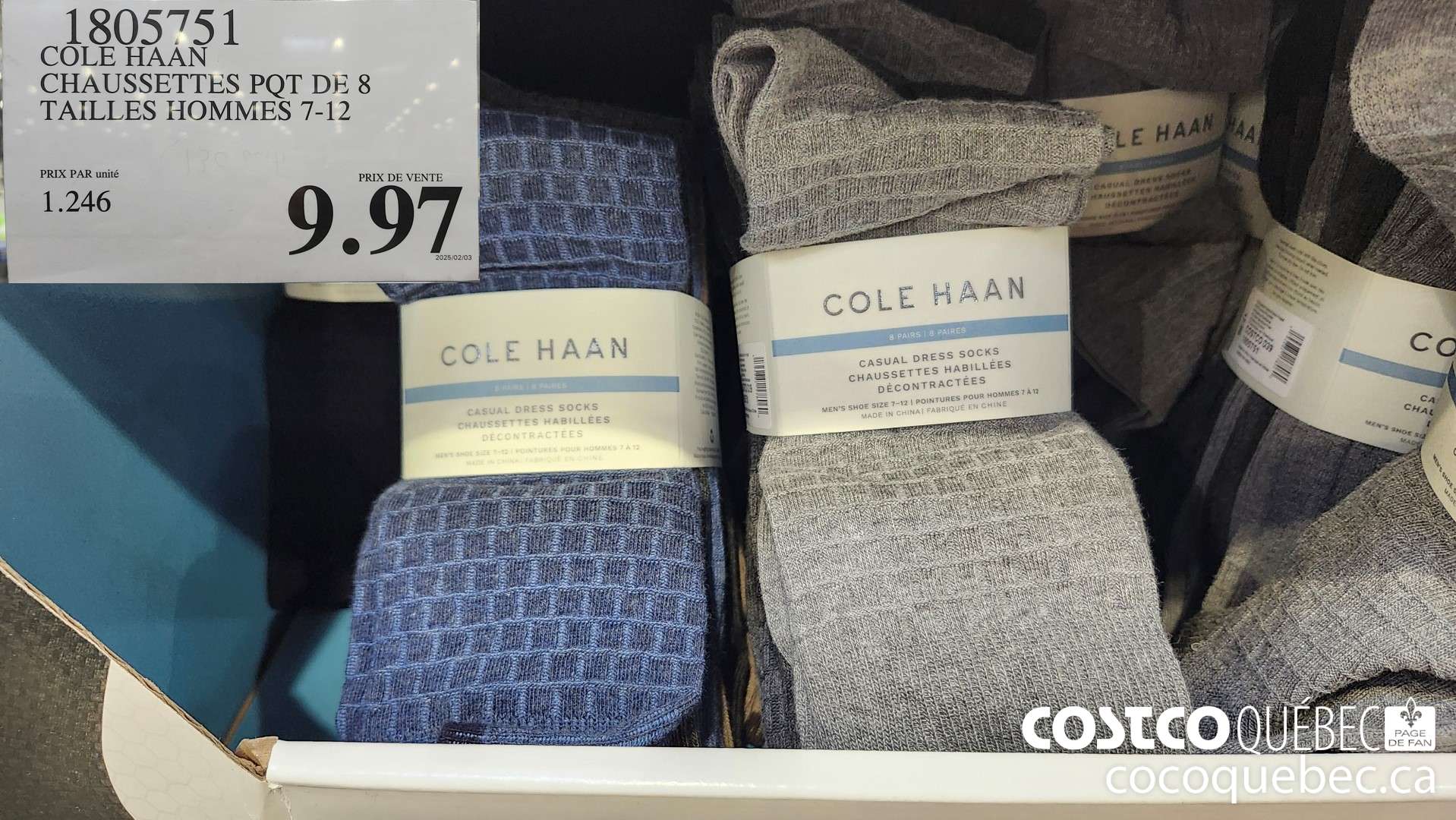 1805751 COLE HAAN CHAUSSETTES PQT DE 8 TAILLES HOMMES 7-12  $9.97