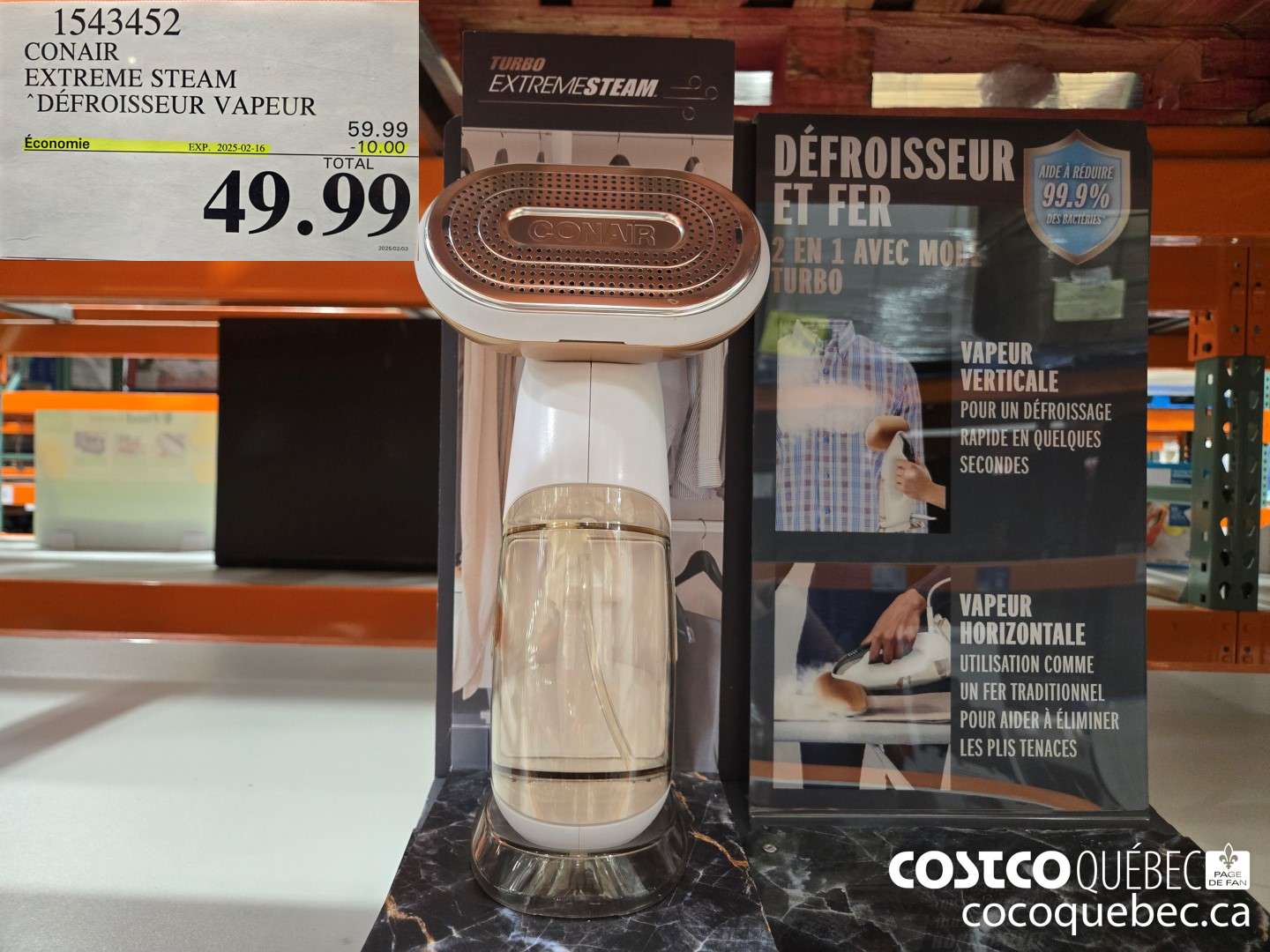 1543452 CONAIR EXTREME STEAM DEFROISSEUR VAPEUR “2 EN 1 AVEC TURBO  ($10.00 INSTANT SAVINGS EXPIRES ON 2025-02-16) $49.99