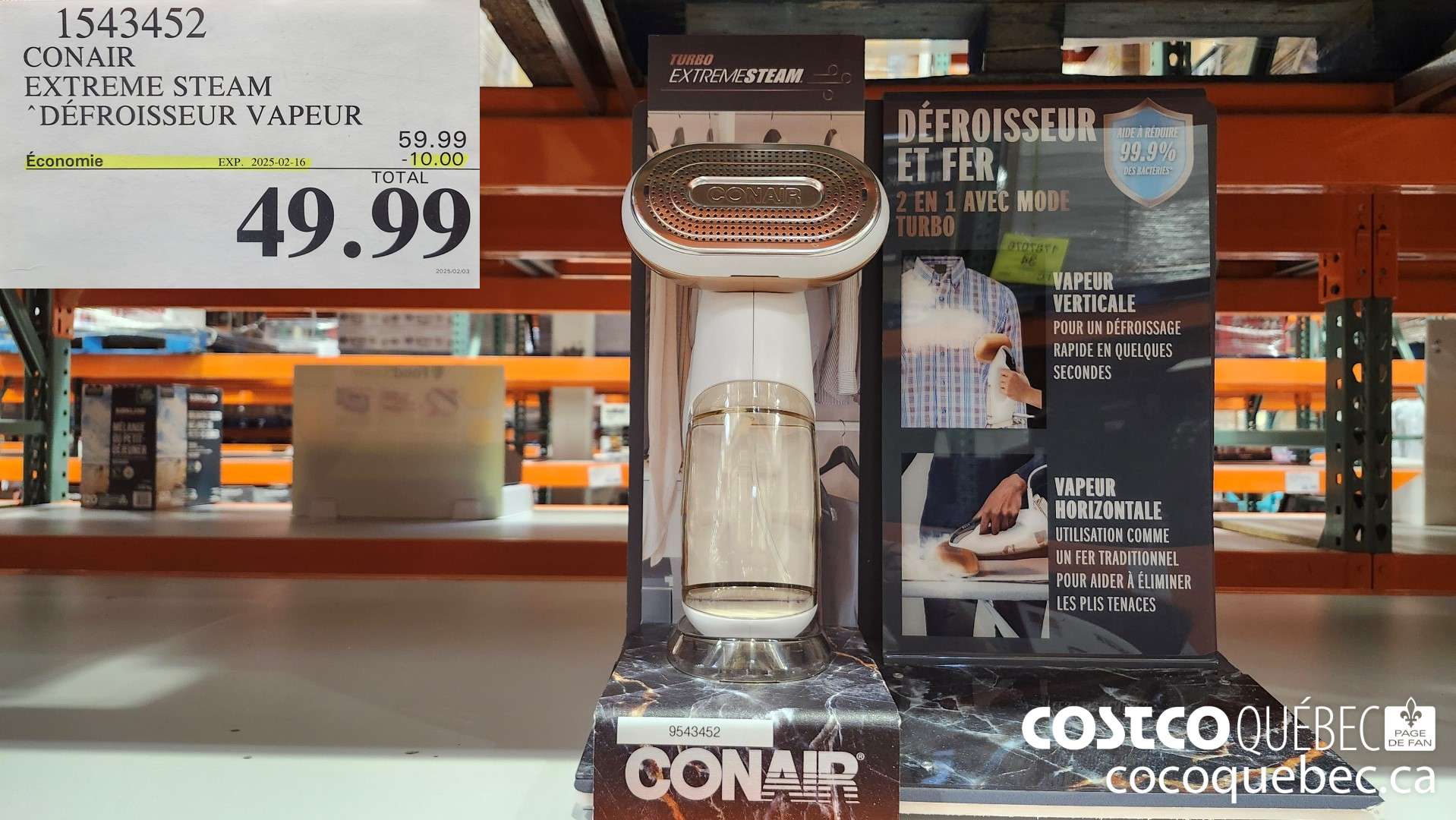 1543452 CONAIR EXTREME STEAM DEFROISSEUR VAPEUR “2 EN 1 AVEC TURBO  ($10.00 INSTANT SAVINGS EXPIRES ON 2025-02-16) $49.99