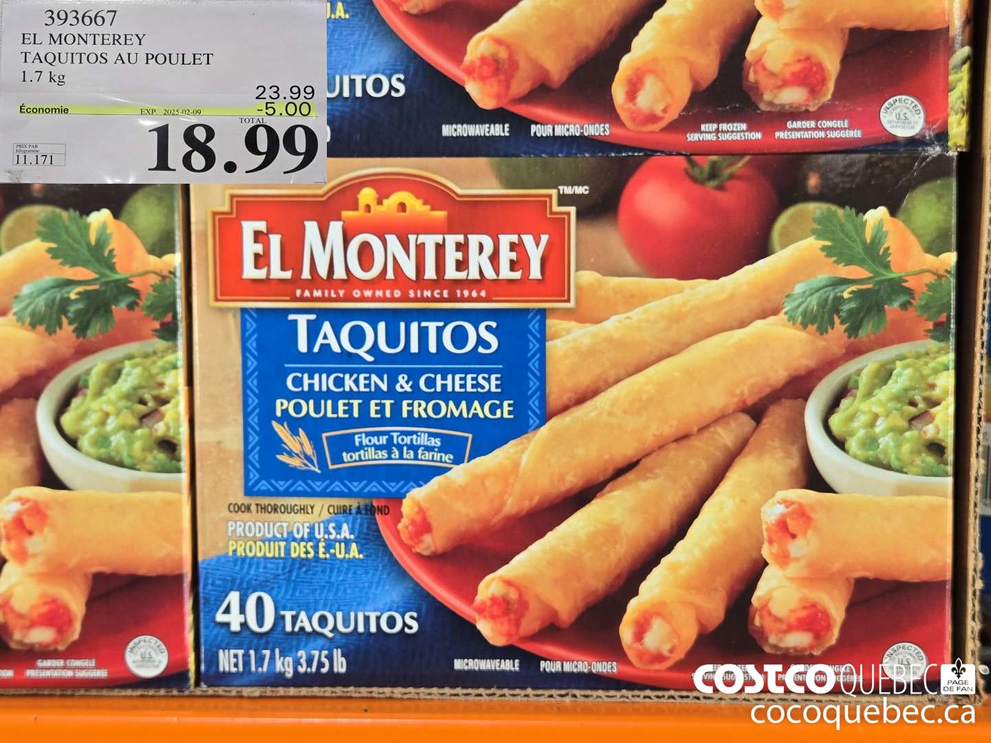 393667 EL MONTEREY TAQUITOS AU POULET 1.7KG ($5.00 INSTANT SAVINGS EXPIRES ON 2025-02-09) $18.99
