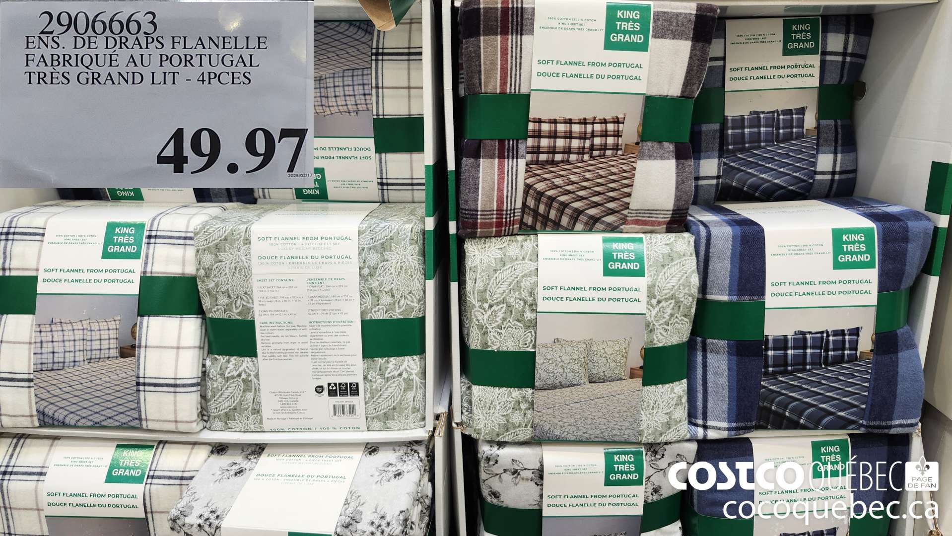 2906663 ENS. DE DRAPS FLANELLE FABRIQUE AU PORTUGAL TRES GRAND LIT - 4PCES  $49.97