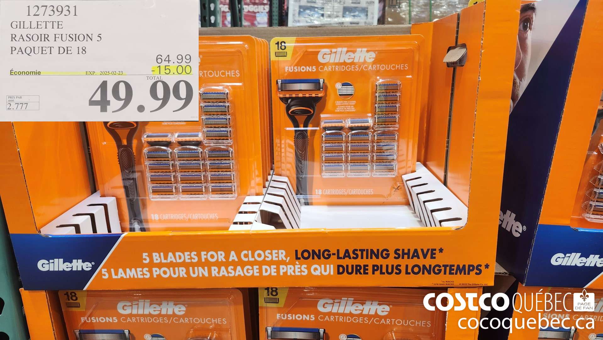 12783931 GILLETTE RASOIR FUSION 5 PAQUET DE 18  ($15.00 INSTANT SAVINGS EXPIRES ON 2025-02-23) $49.99