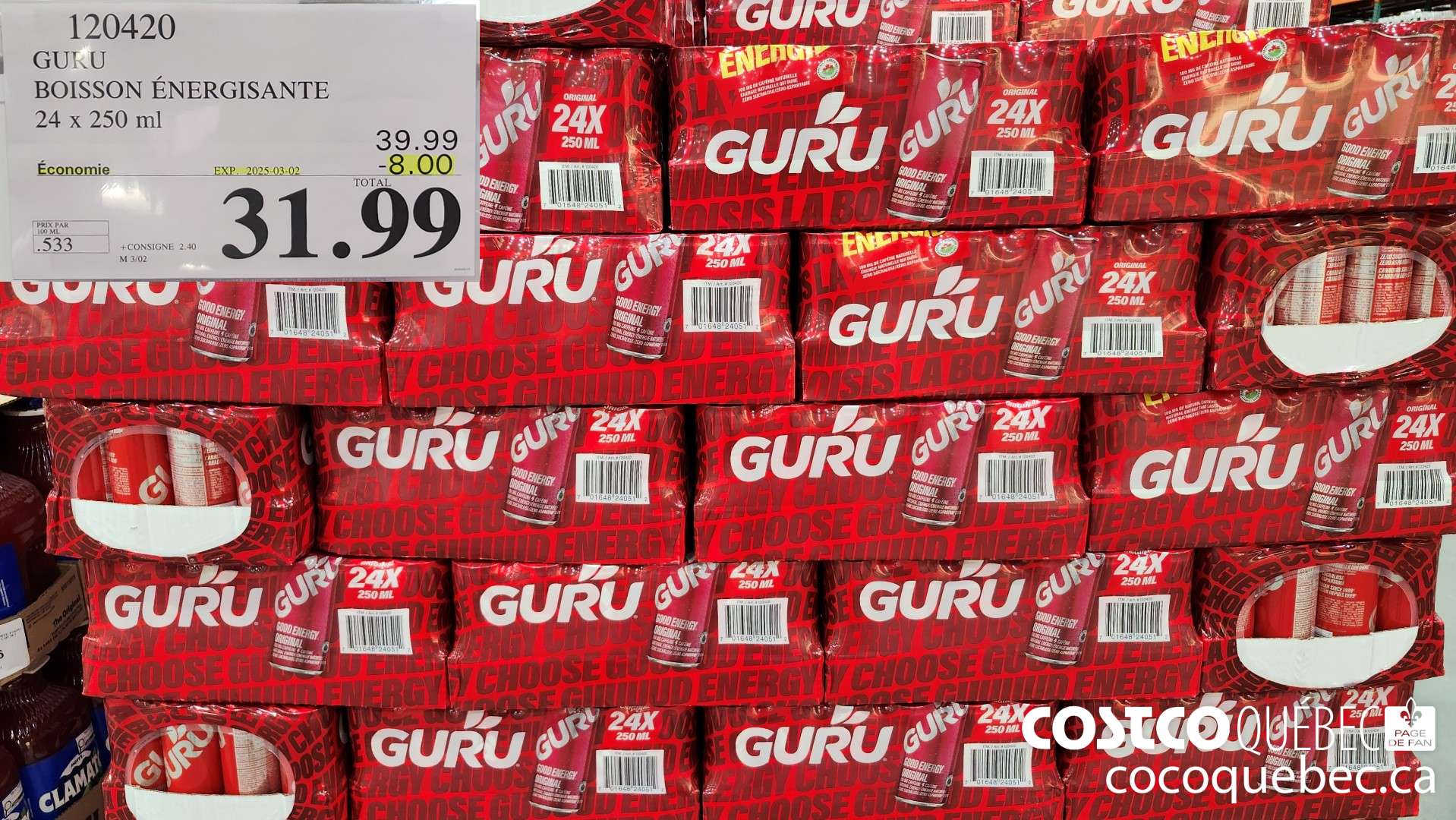 120420 GURU BOISSON ENERGISANTE 24 x 250 ml  ($8.00 INSTANT SAVINGS EXPIRES ON 2025-03-02) $31.99
