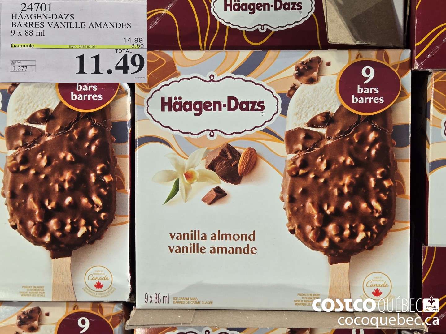 24701 HAAGAN -DAZS BARRES VANILLE AMANDES 9 x 88 mL ($3.50 INSTANT SAVINGS EXPIRES ON 2025-02-16) $11.49