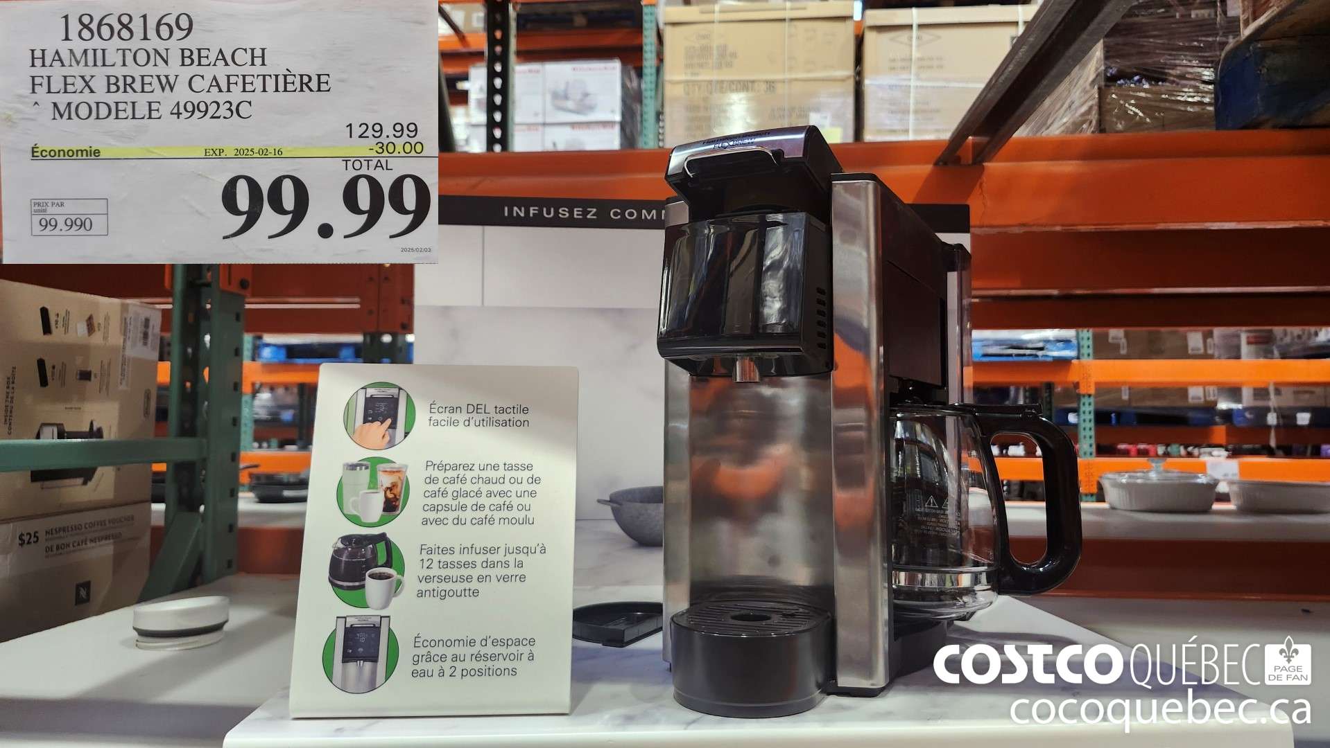 1868169 HAMILTON BEACH FLEX BREW CAFETIERE “ MODELE 49923C  ($30.00 INSTANT SAVINGS EXPIRES ON 2025-02-16) $99.99