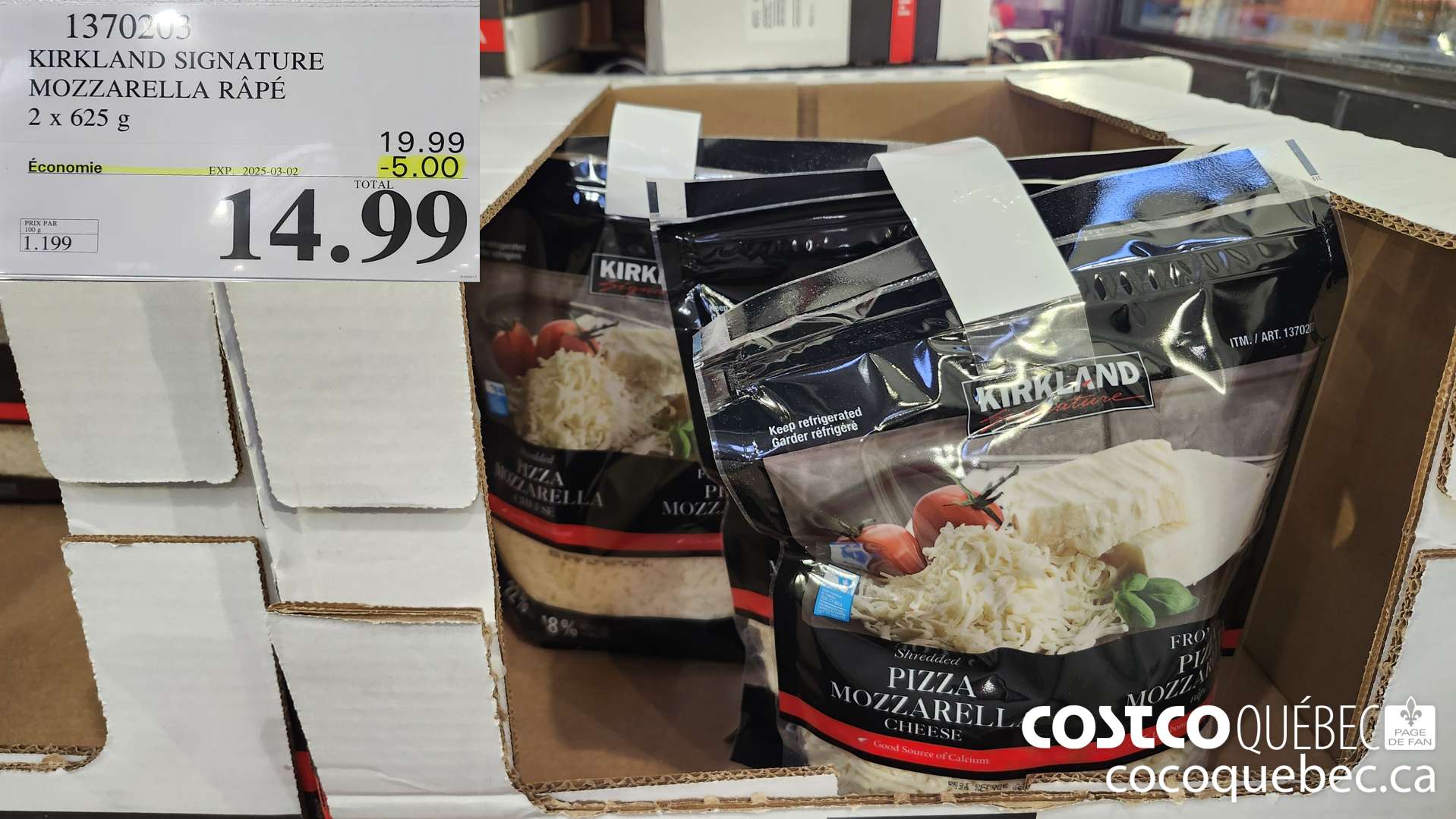 1370203 KIRKLAND SIGNATURE MOZZARELLA RAPE 2 X 625G ($5.00 INSTANT SAVINGS EXPIRES ON 2025-03-02) $14.99