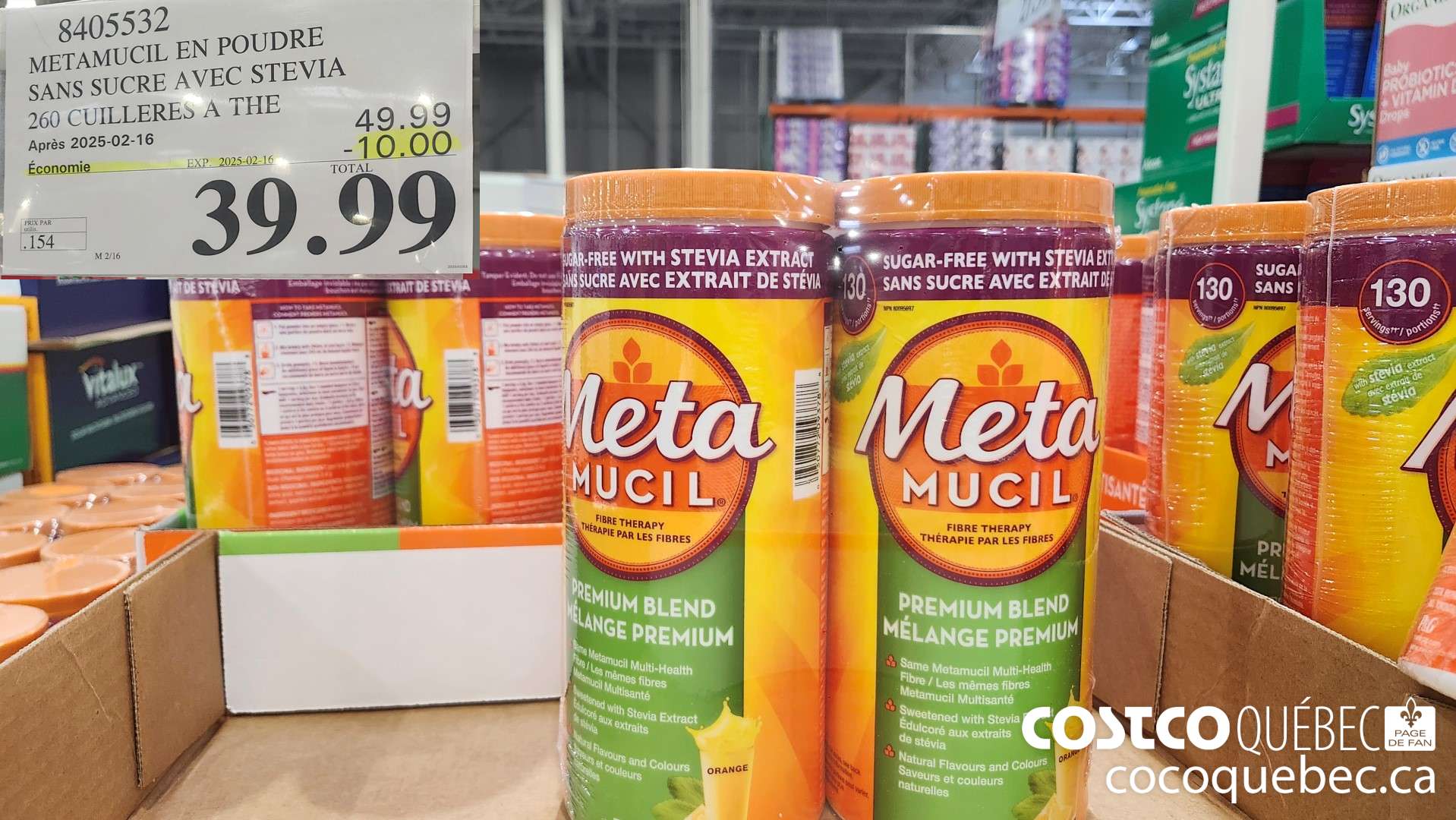 8405532 METAMUCIL EN POUDRE SANS SUCRE AVEC STEVIA 260 CUILLERES A THE ($10.00 INSTANT SAVINGS EXPIRES ON 2025-02-16) $39.99