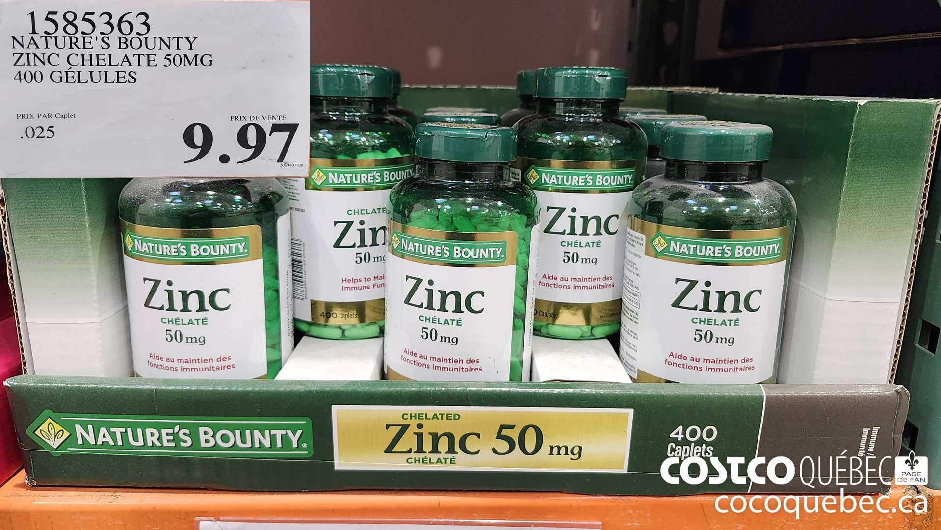 1585363 NATURE'S BOUNTY ZINC CHELATE 50MG 400 GELULES  $9.97