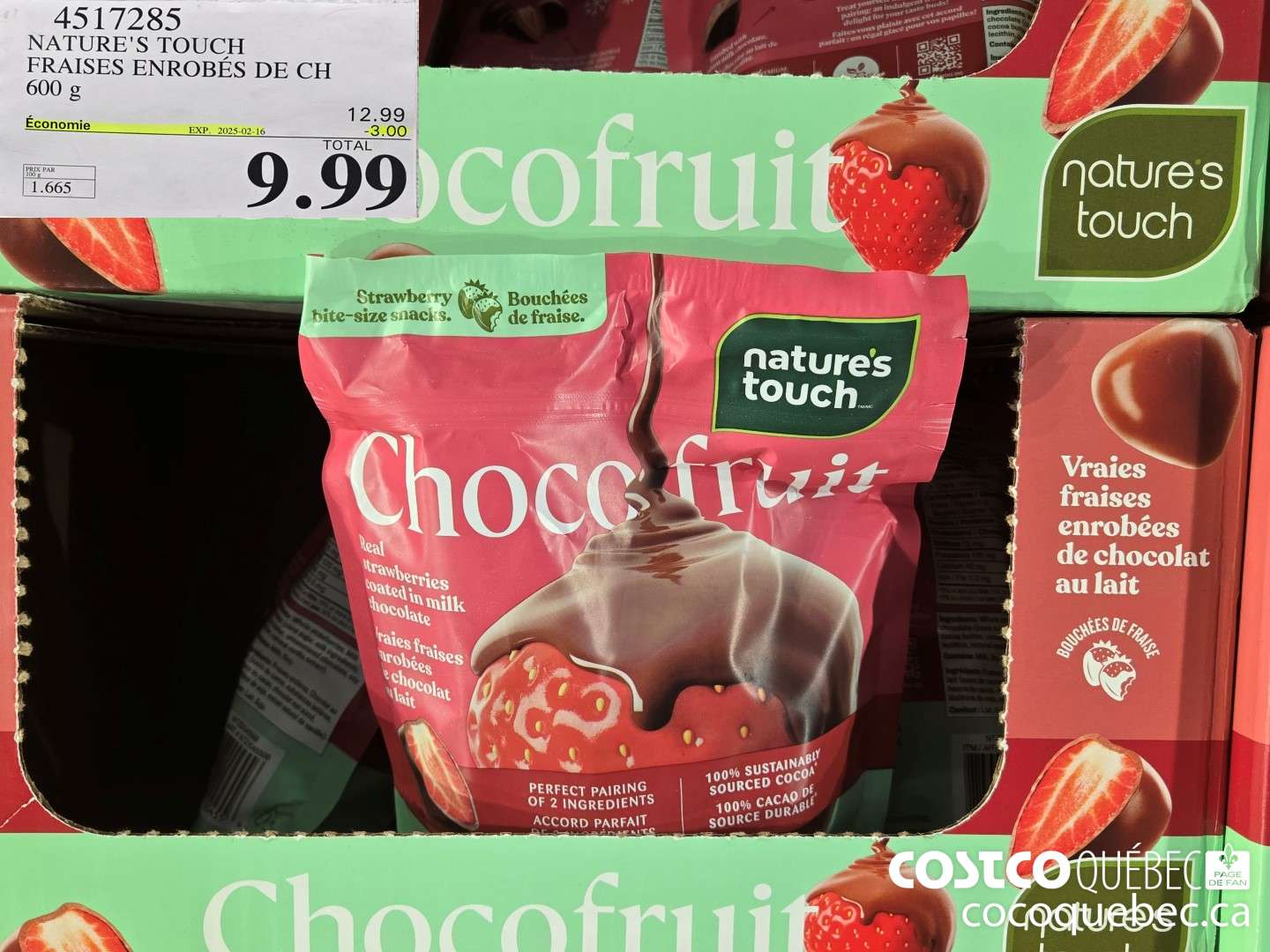 4517285 NATURE'S TOUCH FRAISES ENROBES DE CH 600 g 28  ($3.00 INSTANT SAVINGS EXPIRES ON 2025-02-16) $9.99