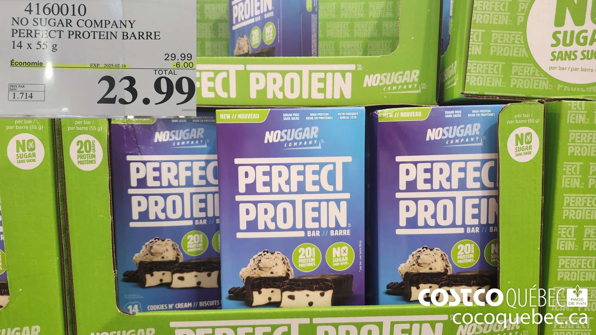 4160010 NO SUGAR COMPANY PERFECT PROTEIN BARRE 14x55 G 29: —— TOTAL 2025/02/10  ($6.00 INSTANT SAVINGS EXPIRES ON 2025-02-16) $23.99