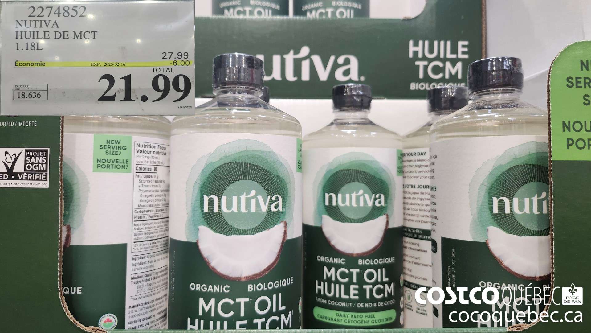 2274852 NUTIVA HUILE DE MCT 1.18L  ($6.00 INSTANT SAVINGS EXPIRES ON 2025-02-16) $21.99