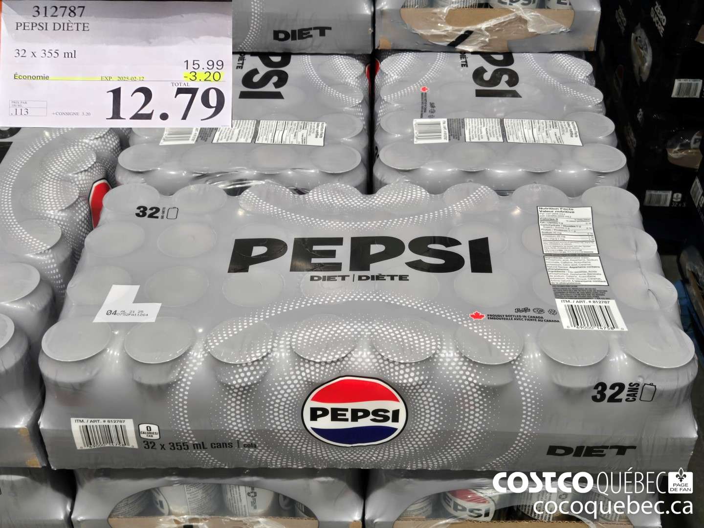312787 PEPSI DIETE 32 x 355 ml  ($3.20 INSTANT SAVINGS EXPIRES ON 2025-02-12) $12.79