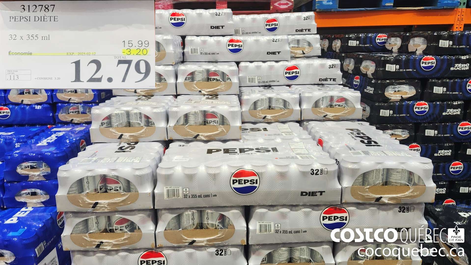 312787 PEPSI DIETE 32 x 355 ml  ($3.20 INSTANT SAVINGS EXPIRES ON 2025-02-12) $12.79