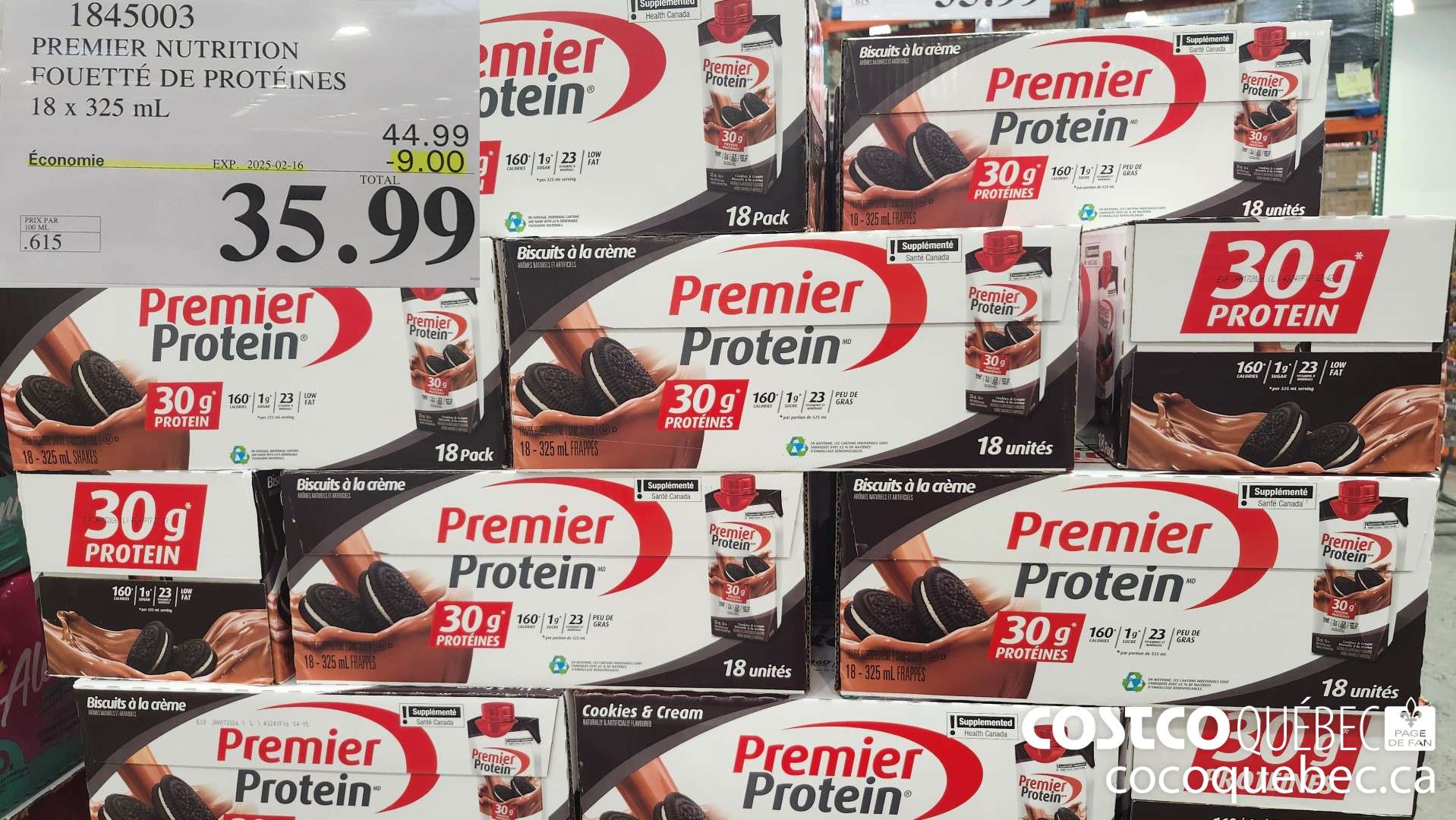 1845003 PREMIER NUTRITION FOUETTE DE PROTEINES 18 x 3245 ink  ($9.00 INSTANT SAVINGS EXPIRES ON 2025-02-16) $35.99