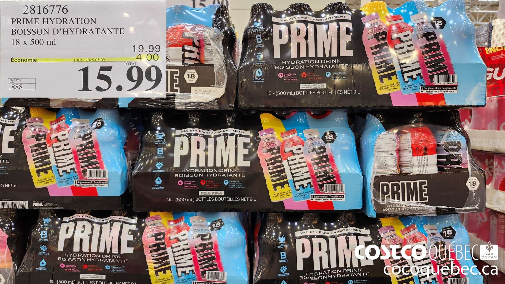 2816776 PRIME HYDRATION BOISSON D'HYDRATANTE 18 x 500 ml  ($4.00 INSTANT SAVINGS EXPIRES ON 2025-03-09) $15.99